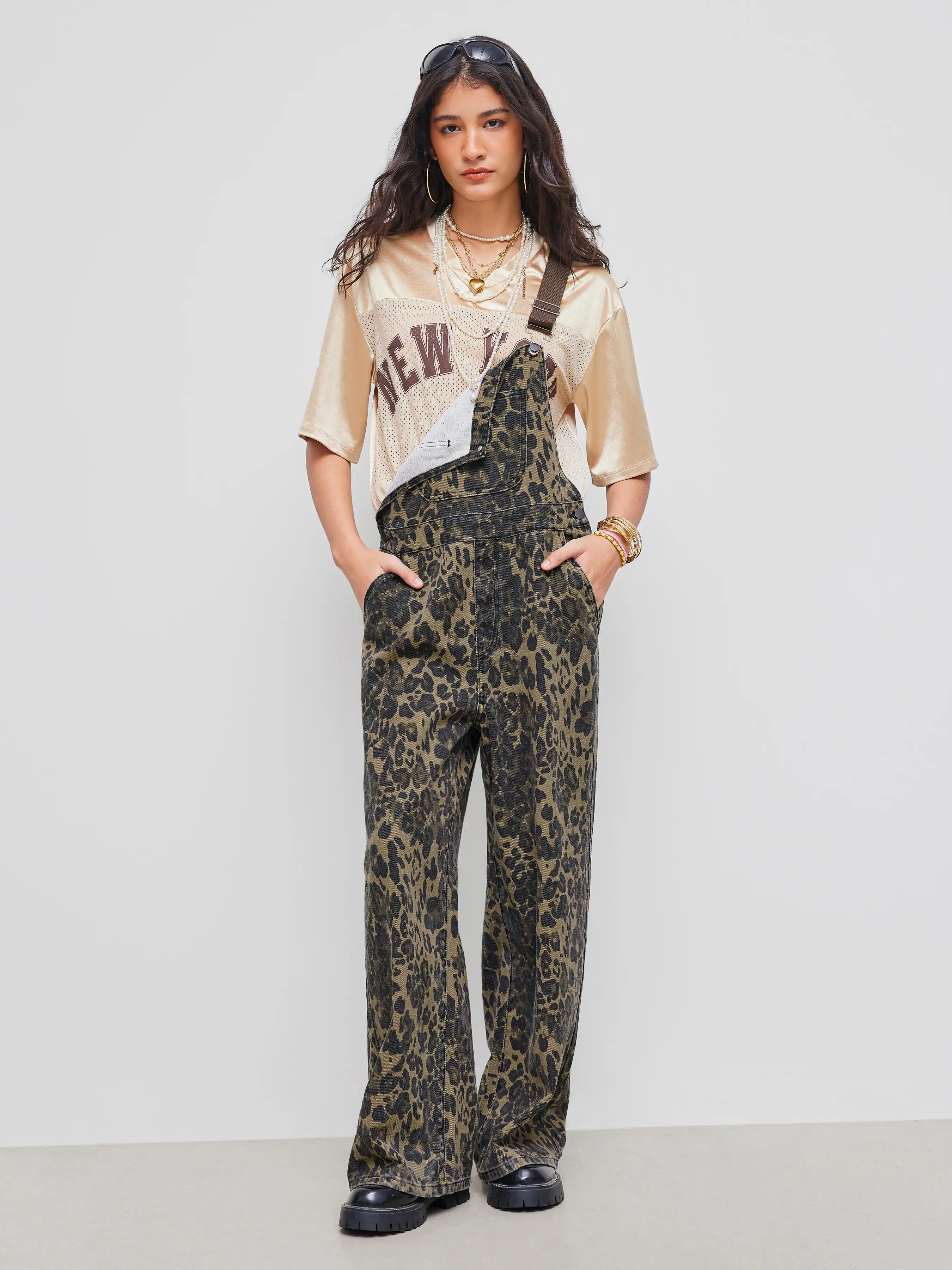 Denim Leopard Pocket Buckle Up Wide Leg Oversized Jumpsuit