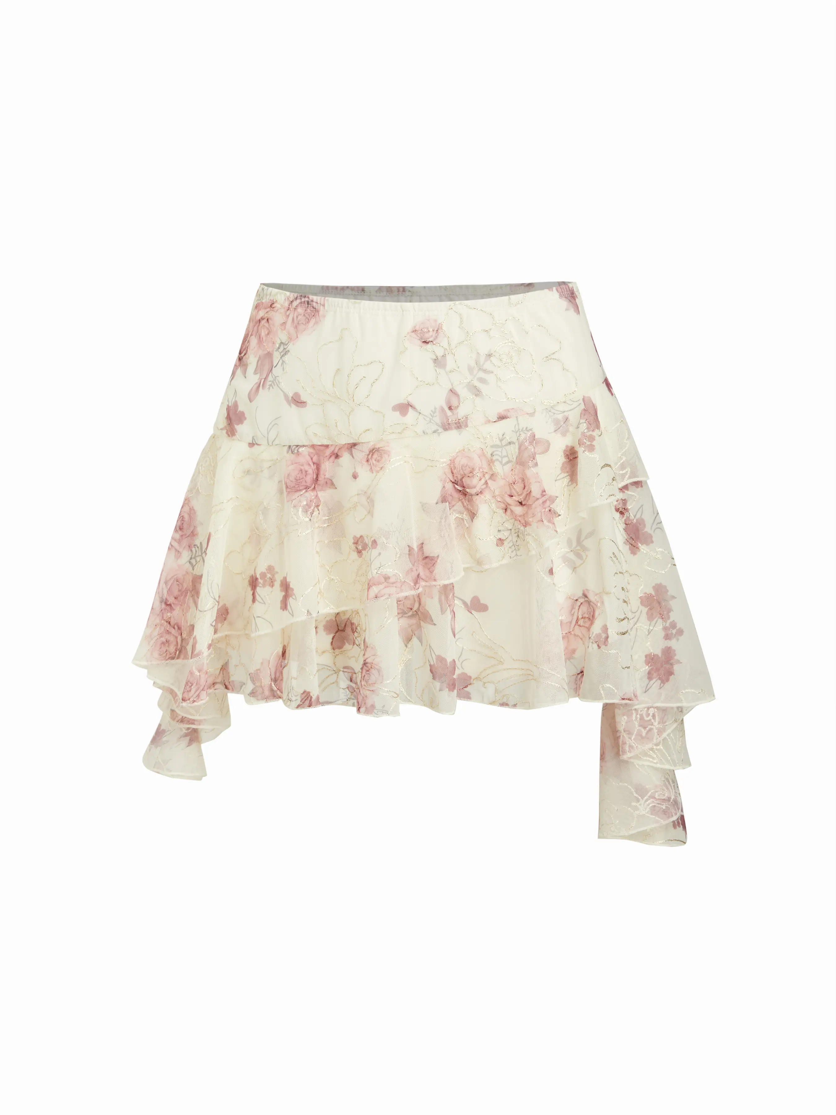 Mesh Mid Rise Floral Asymmetrical Ruffle Hem Mini Skirt