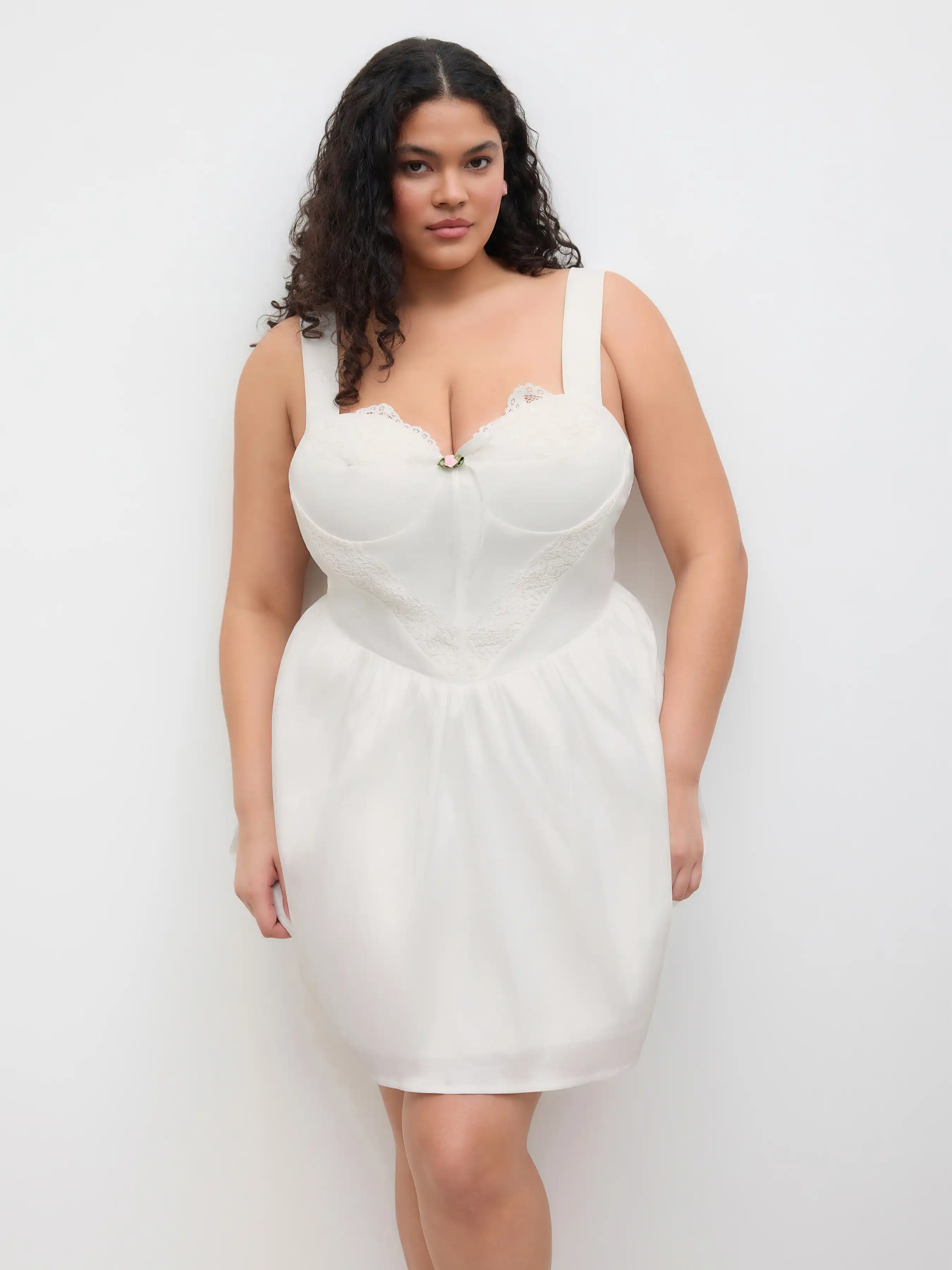 Satin Sweetheart Flower Bowknot Lace Trim Mini Dress Curve & Plus