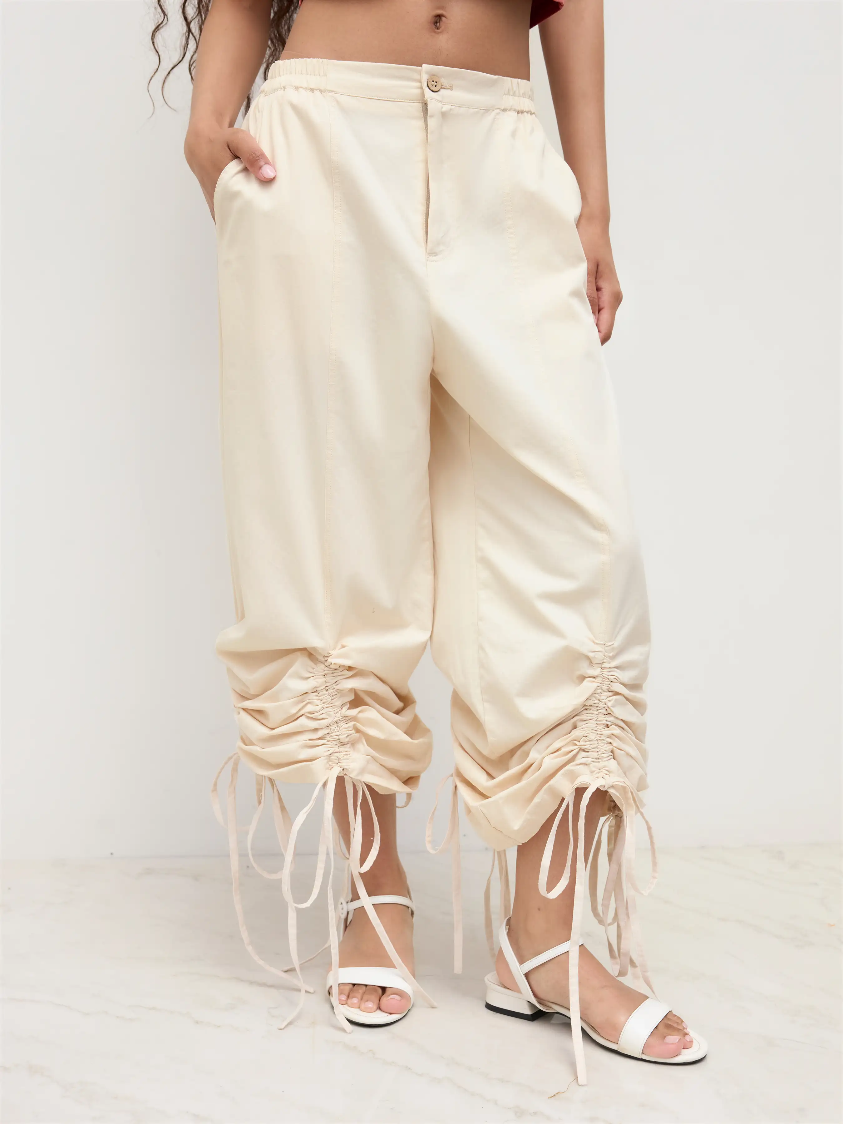 100% Cotton Mid Rise Drawstring Wide Leg Trousers