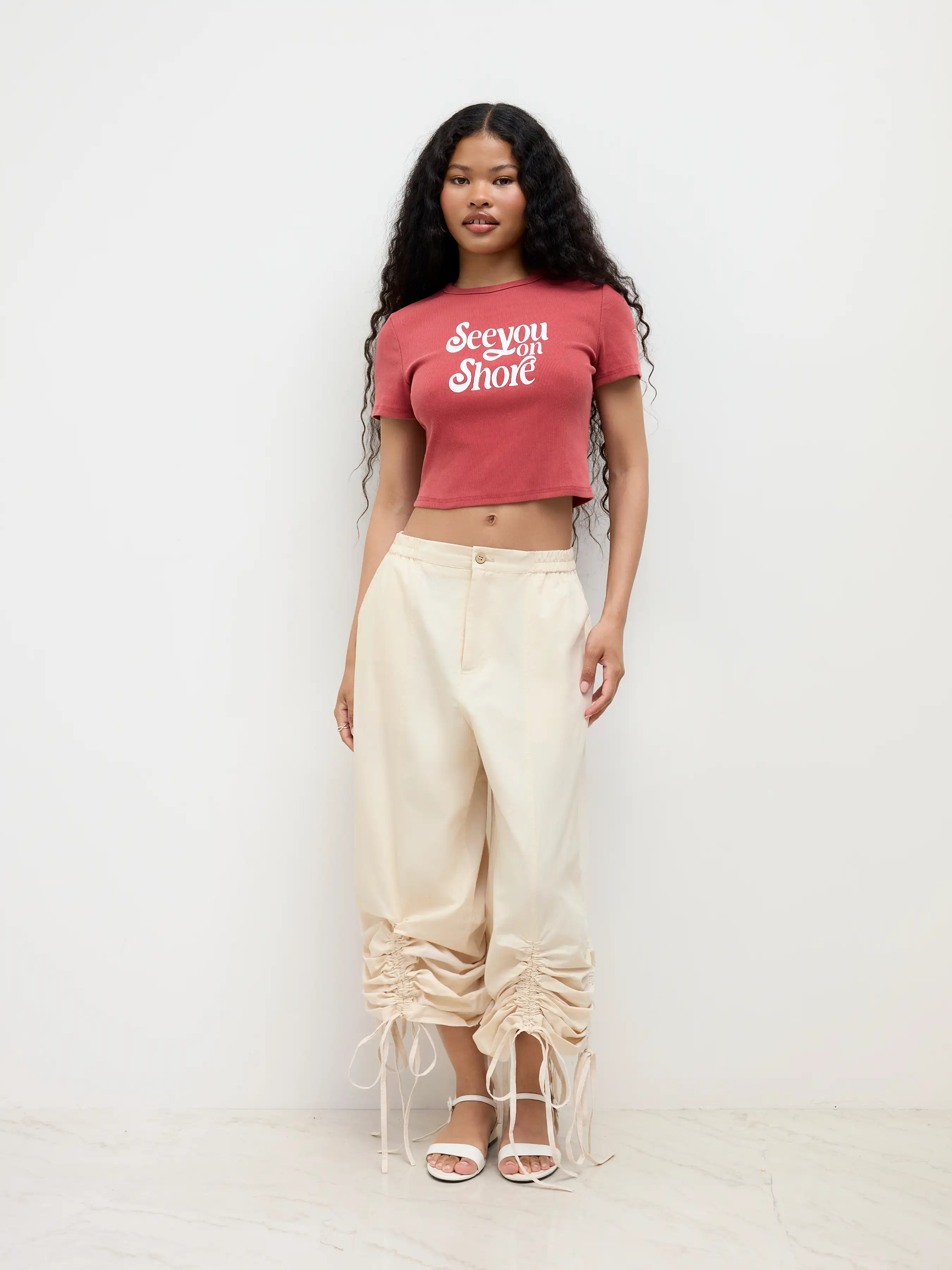 100% Cotton Mid Rise Drawstring Wide Leg Trousers