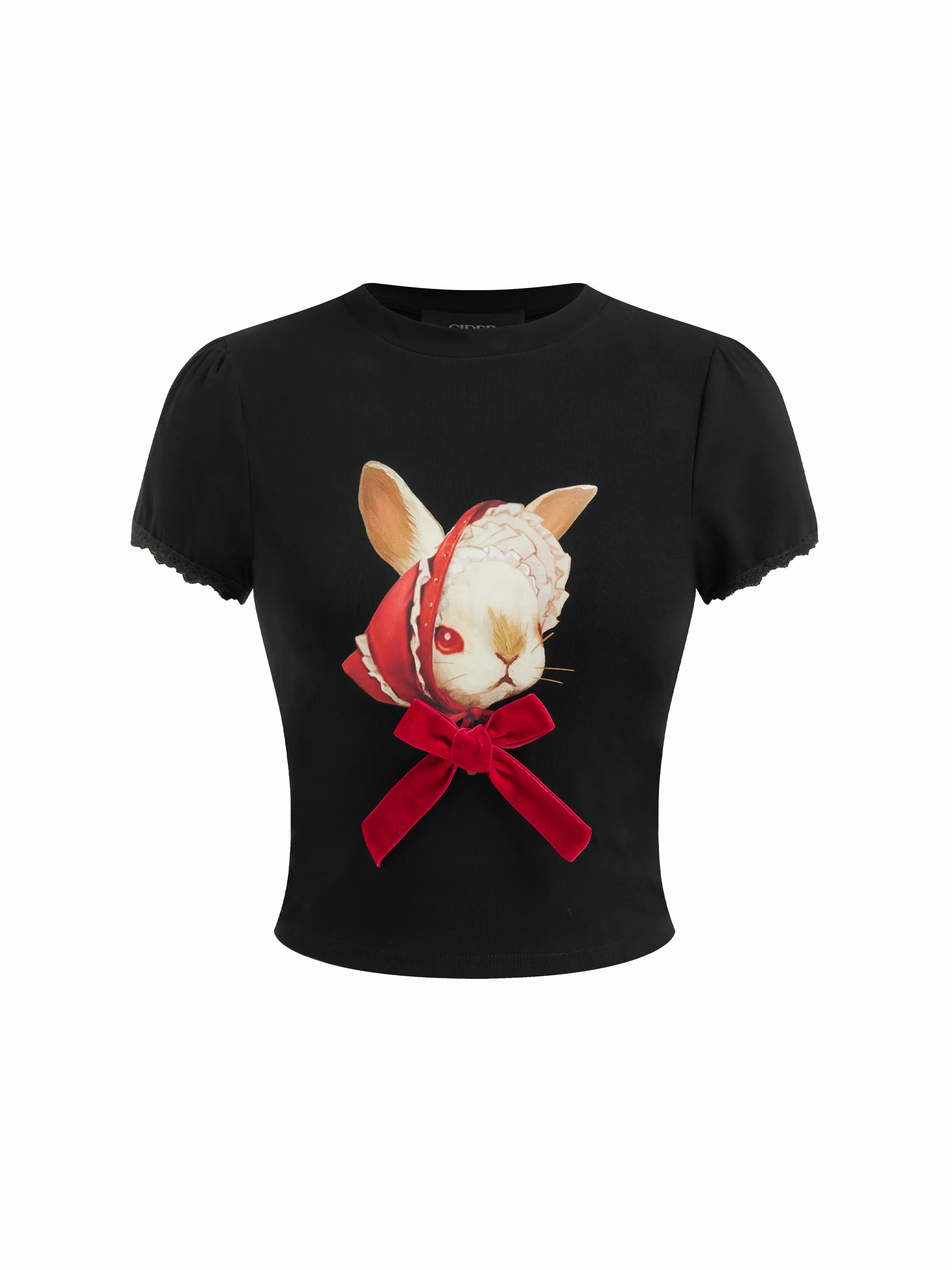 Cotton-blend Round Neckline Rabbit Graphic Lace Trim Short Sleeve Tee