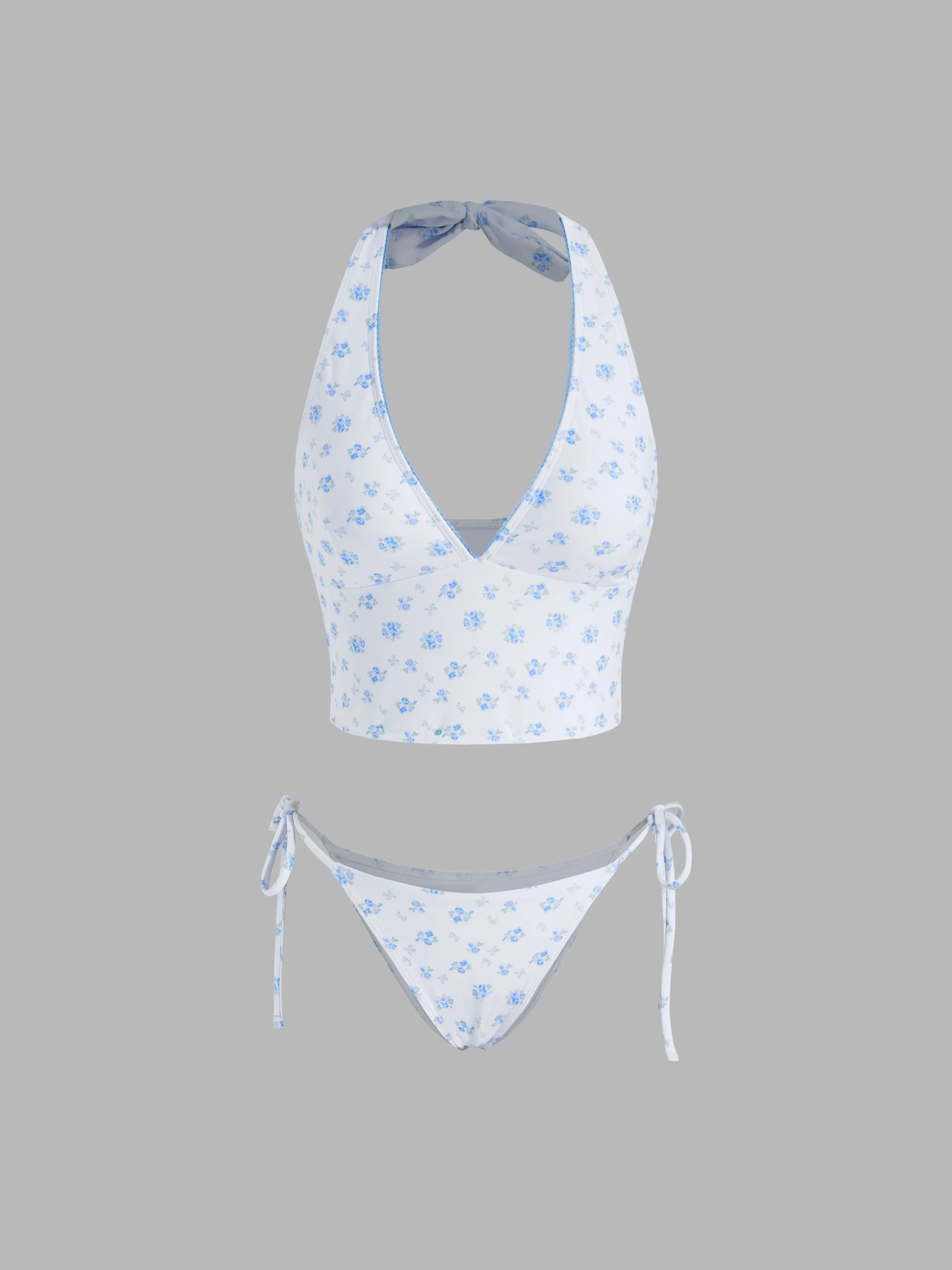 Halter Neckline Floral Tankini Tie Side Bikini Set