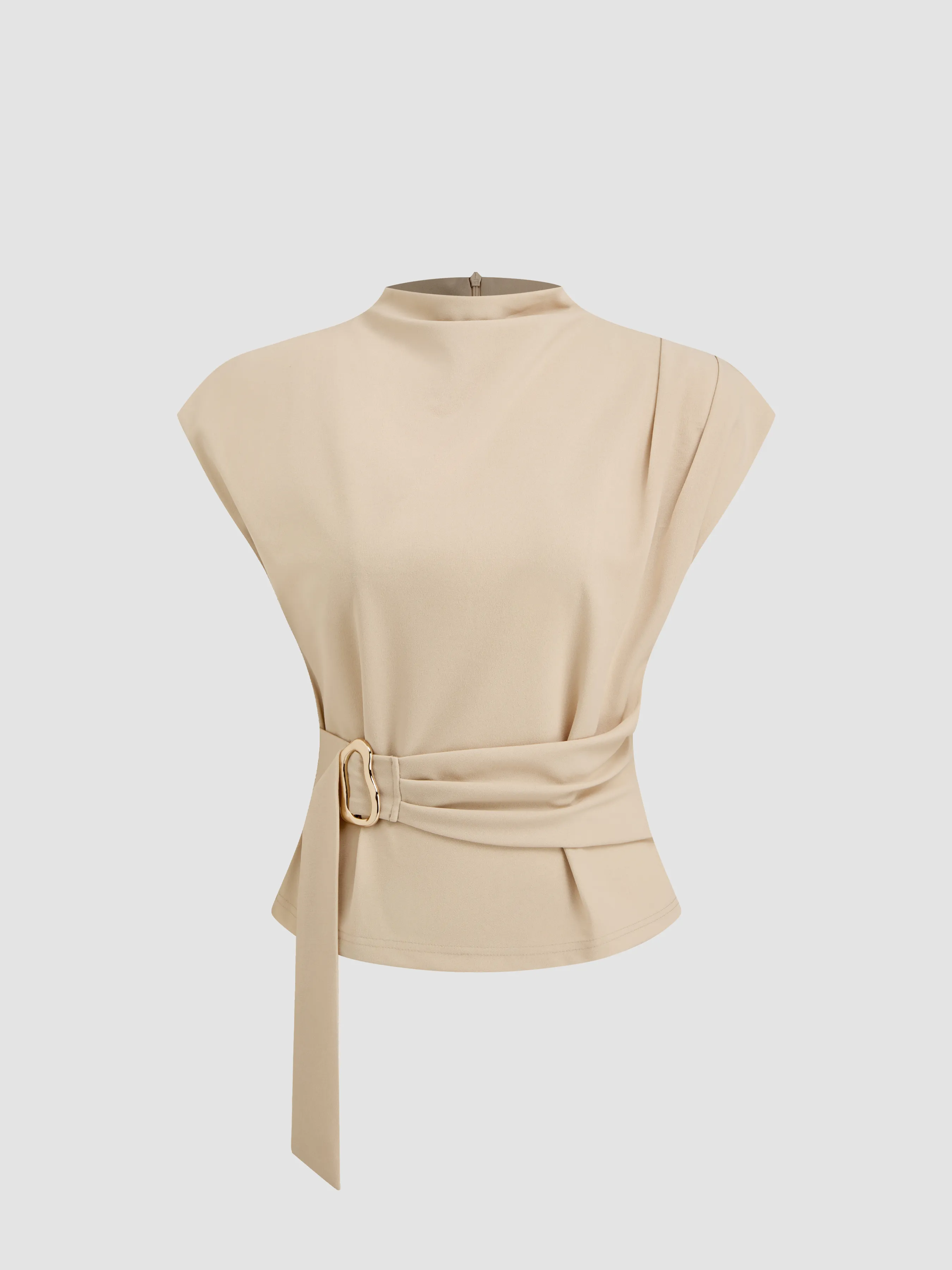 Stand Collar Belted Short Sleeve Top