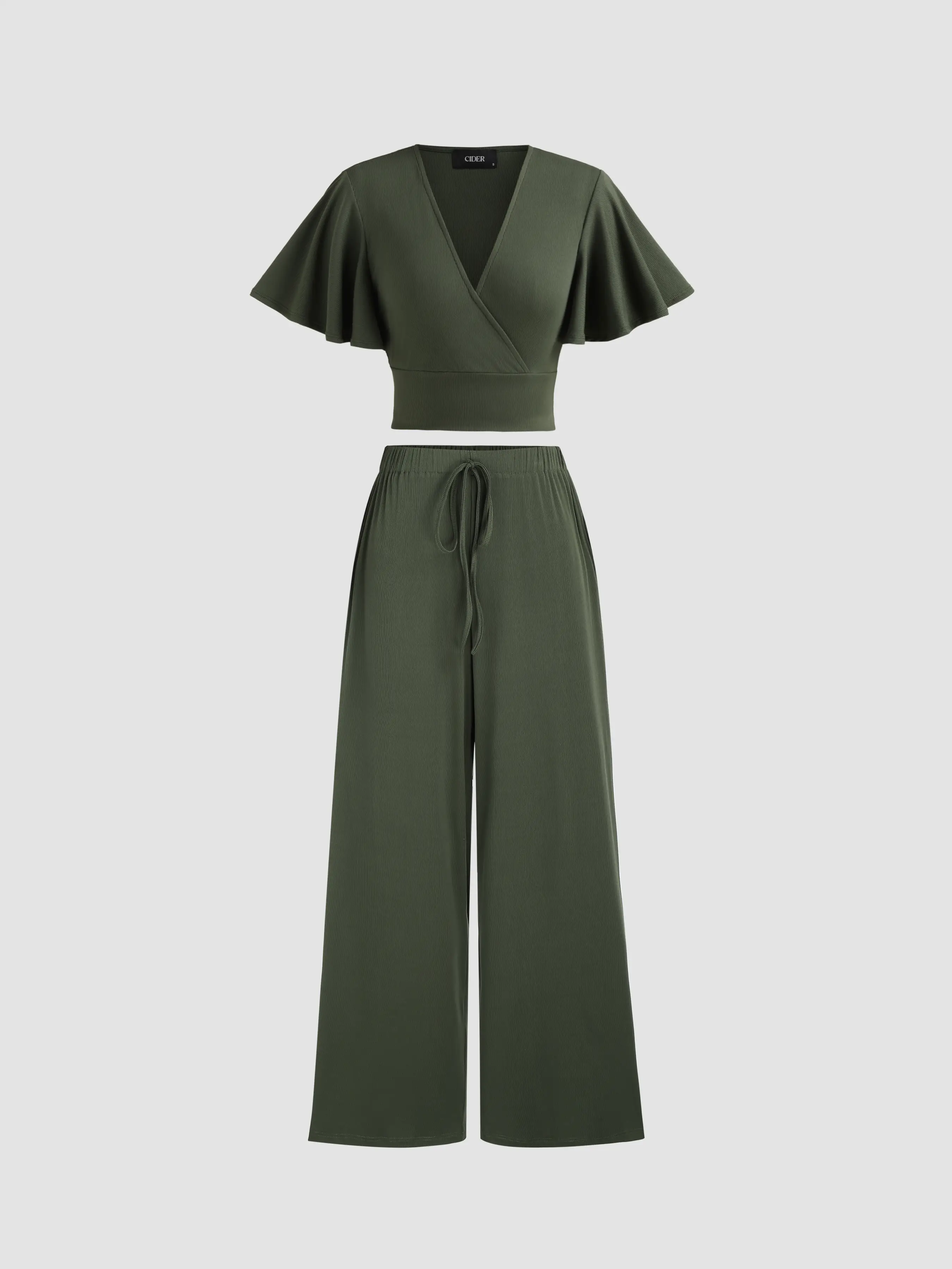V-neck Solid Ruched Crop Top & Pants Matching Set
