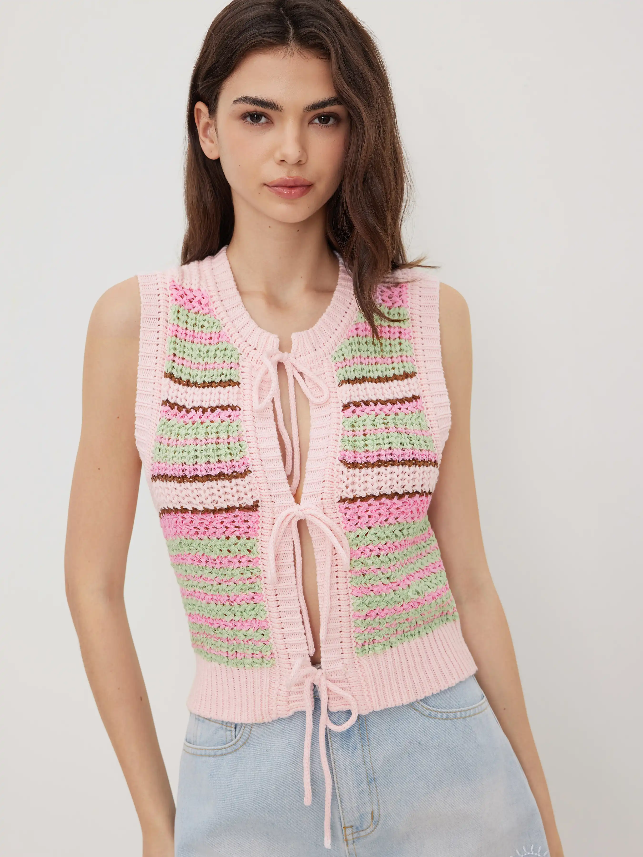 Knitted Stripe Tie Front Bow Crop Vest