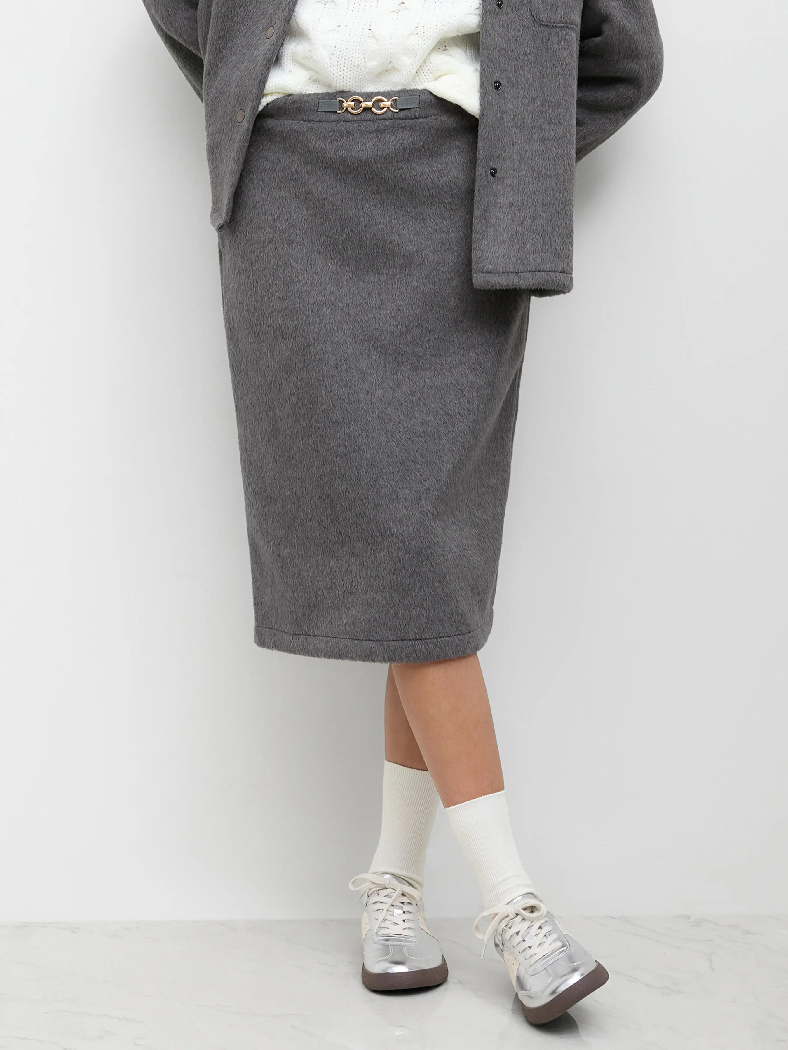 Wool-blend Mid Rise Split Maxi Skirt