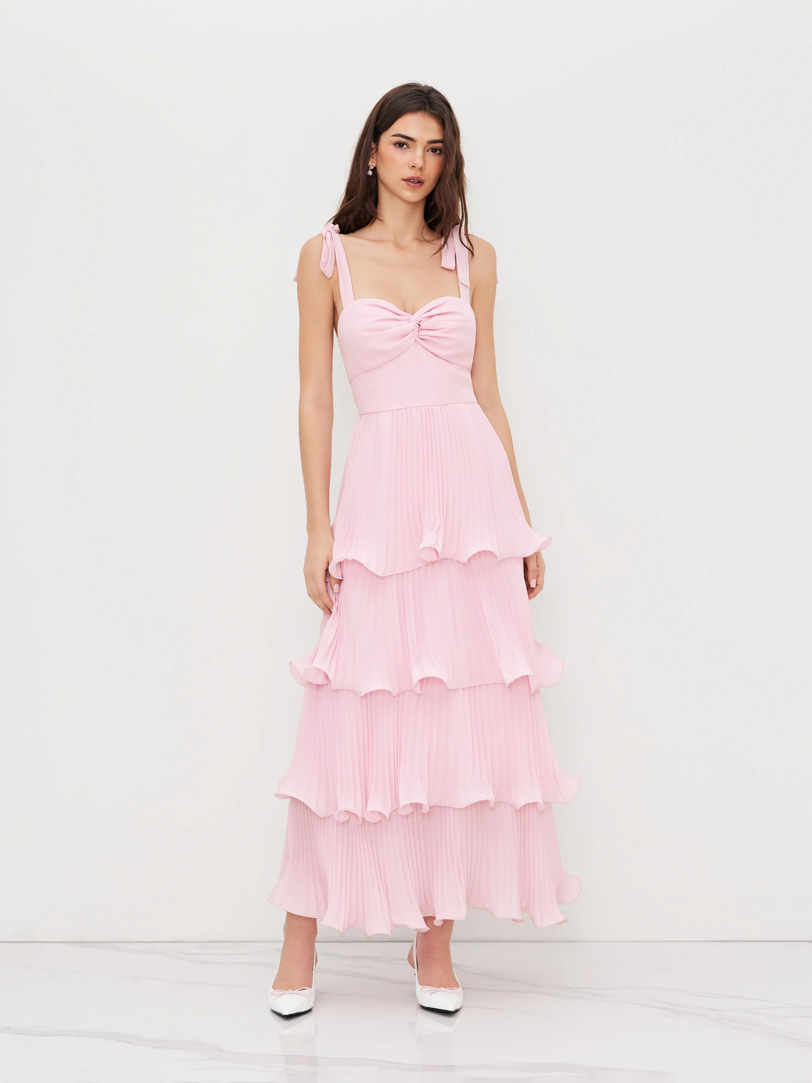 Knotted Twist Ruffle Hem Layered Maxi Dress
