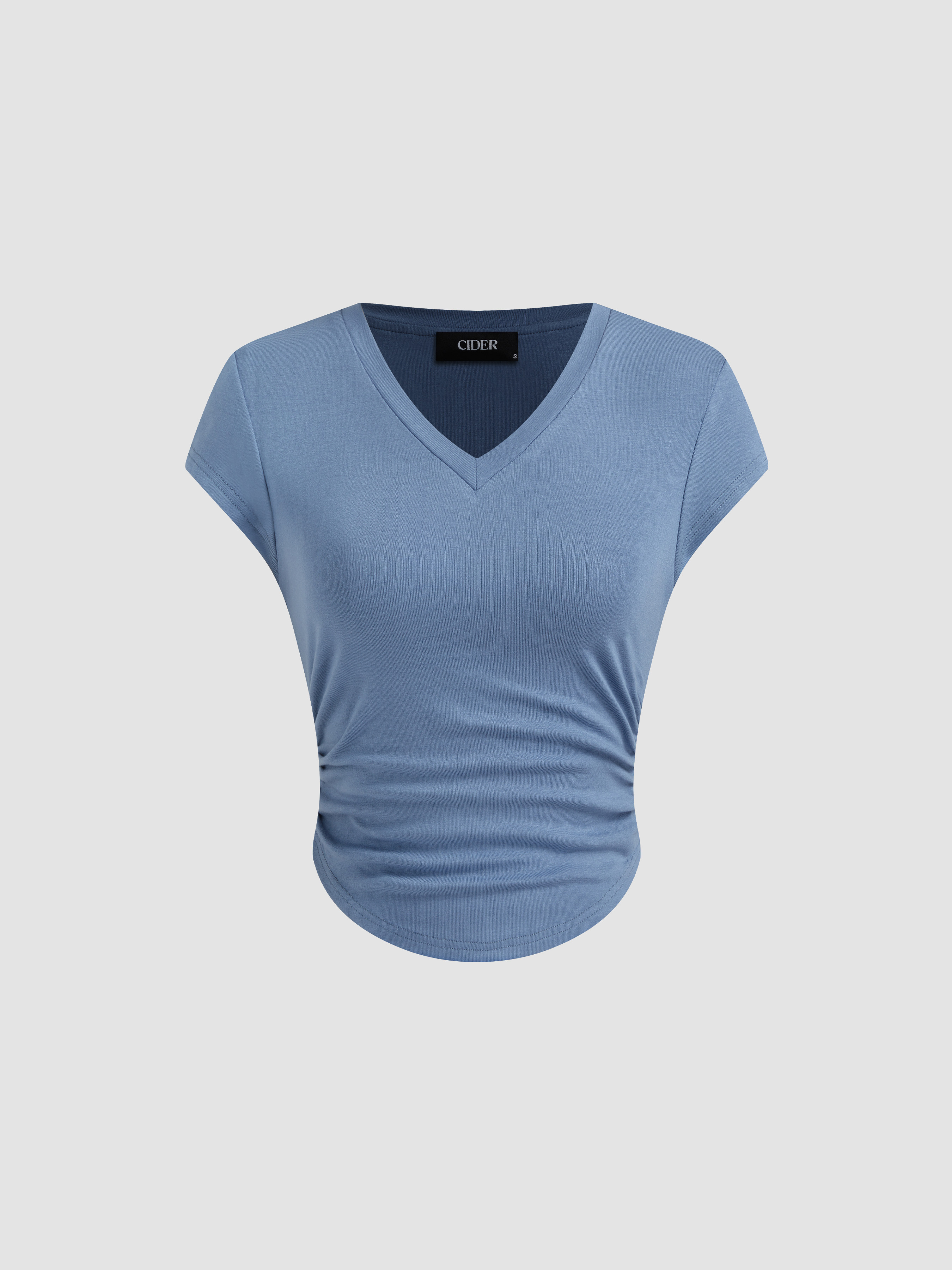 V-neck Ruched Tee & Mid Rise Elastic Waist Straight Leg Trousers