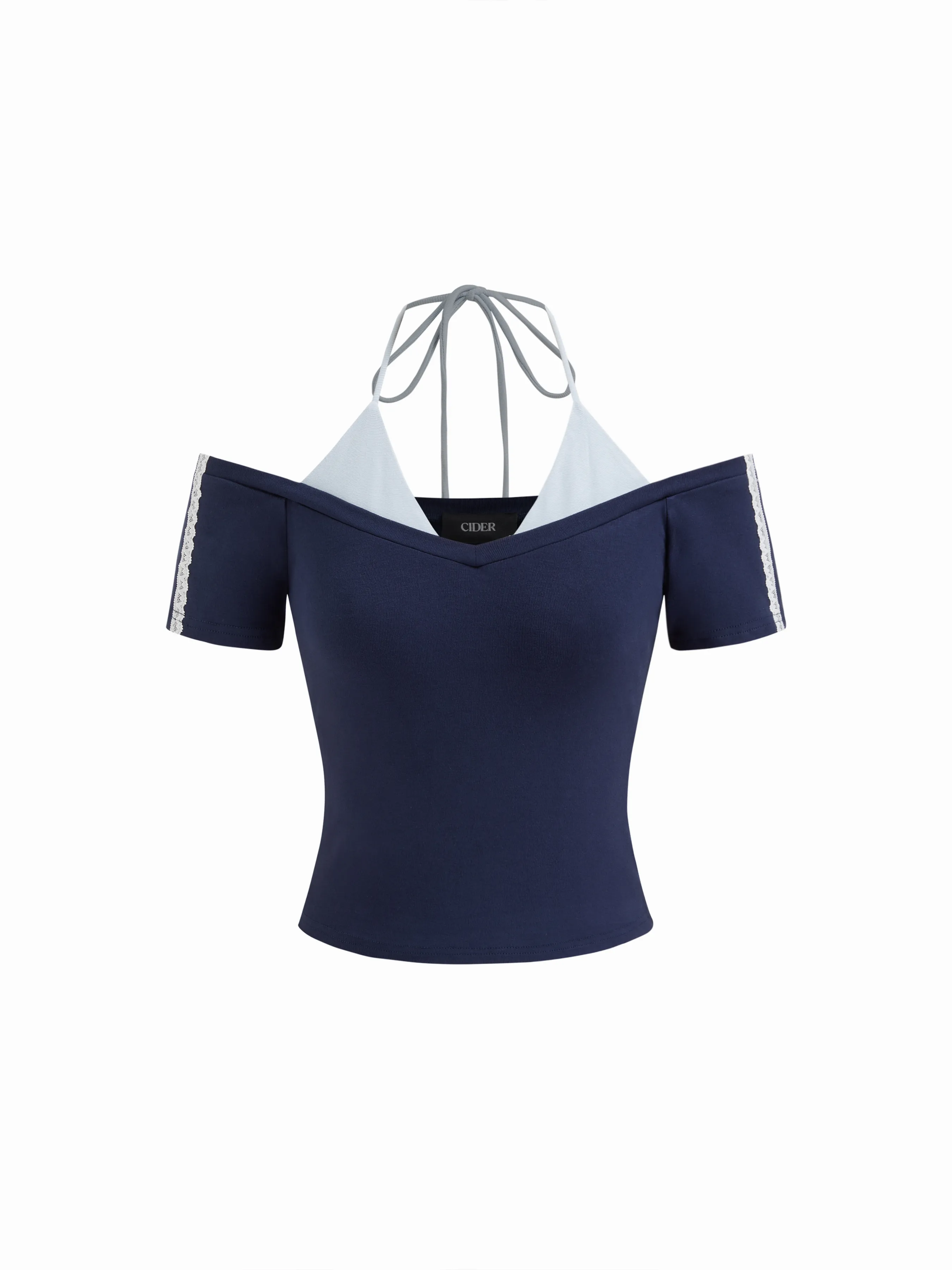 Halter Neckline Lace Trim Two Tone Tee