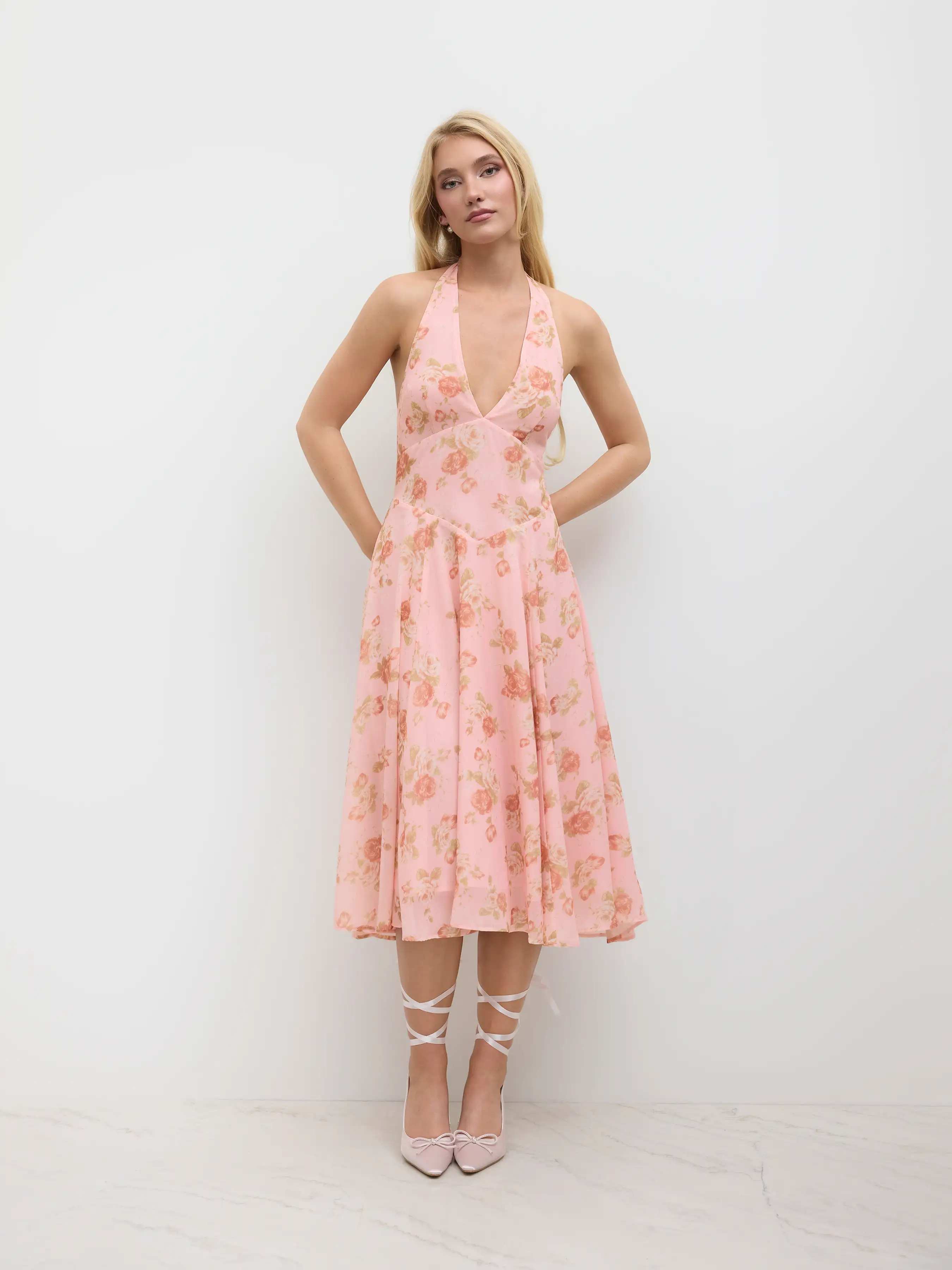 Mesh Halter Neckline Floral Ruffle Midi Dress