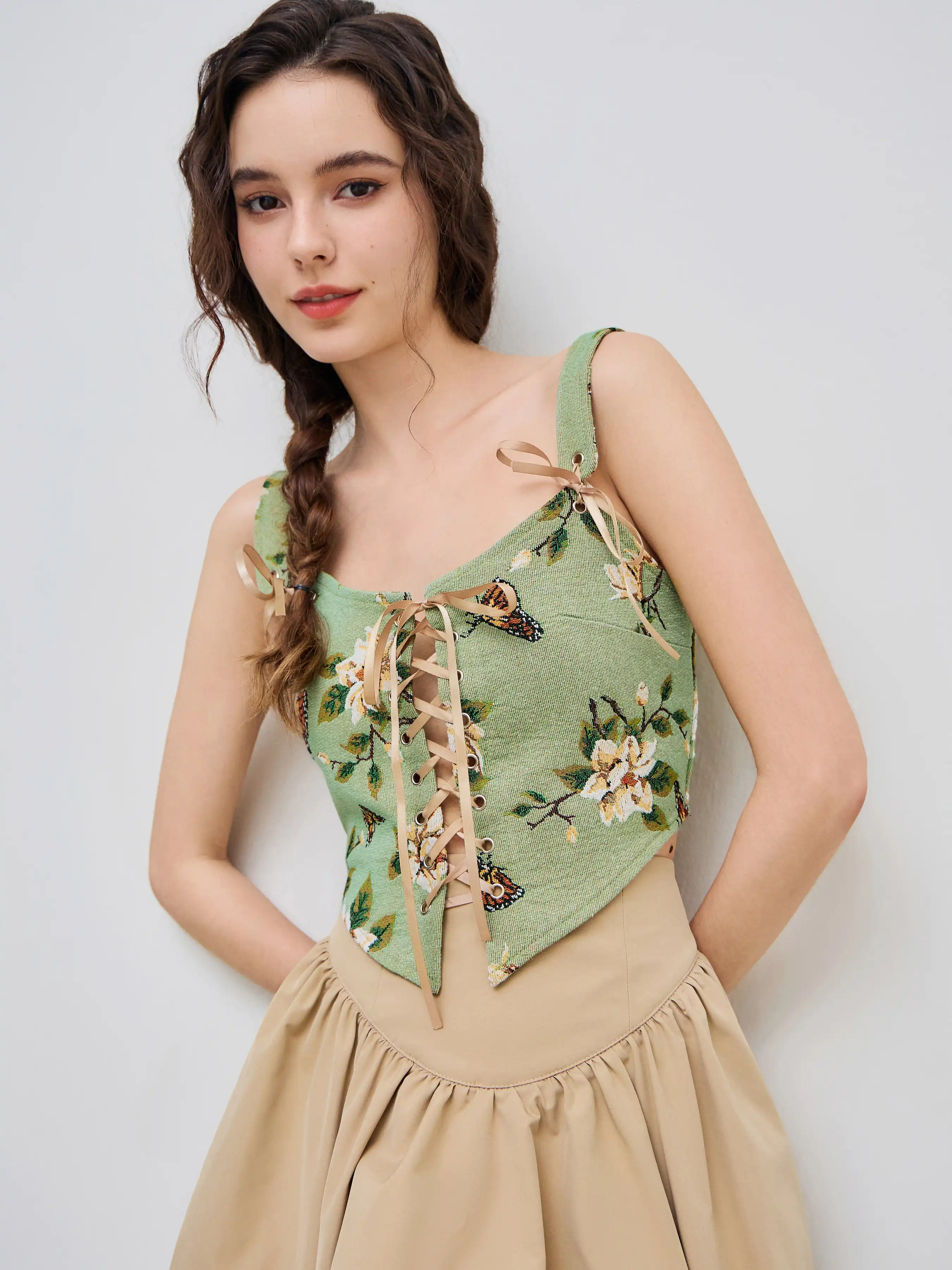 Floral & Butterfly Lace Up Crop Tank Top
