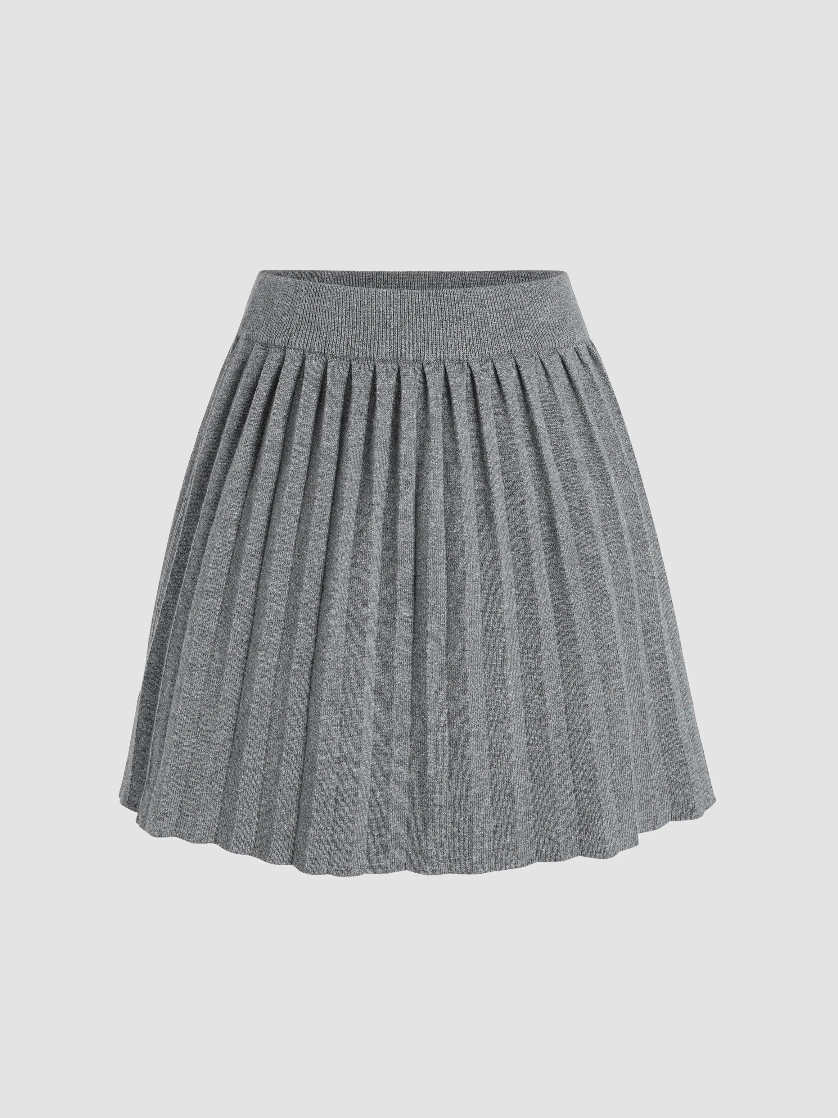 Knit Mid Waist Solid Pleated Mini Skirt