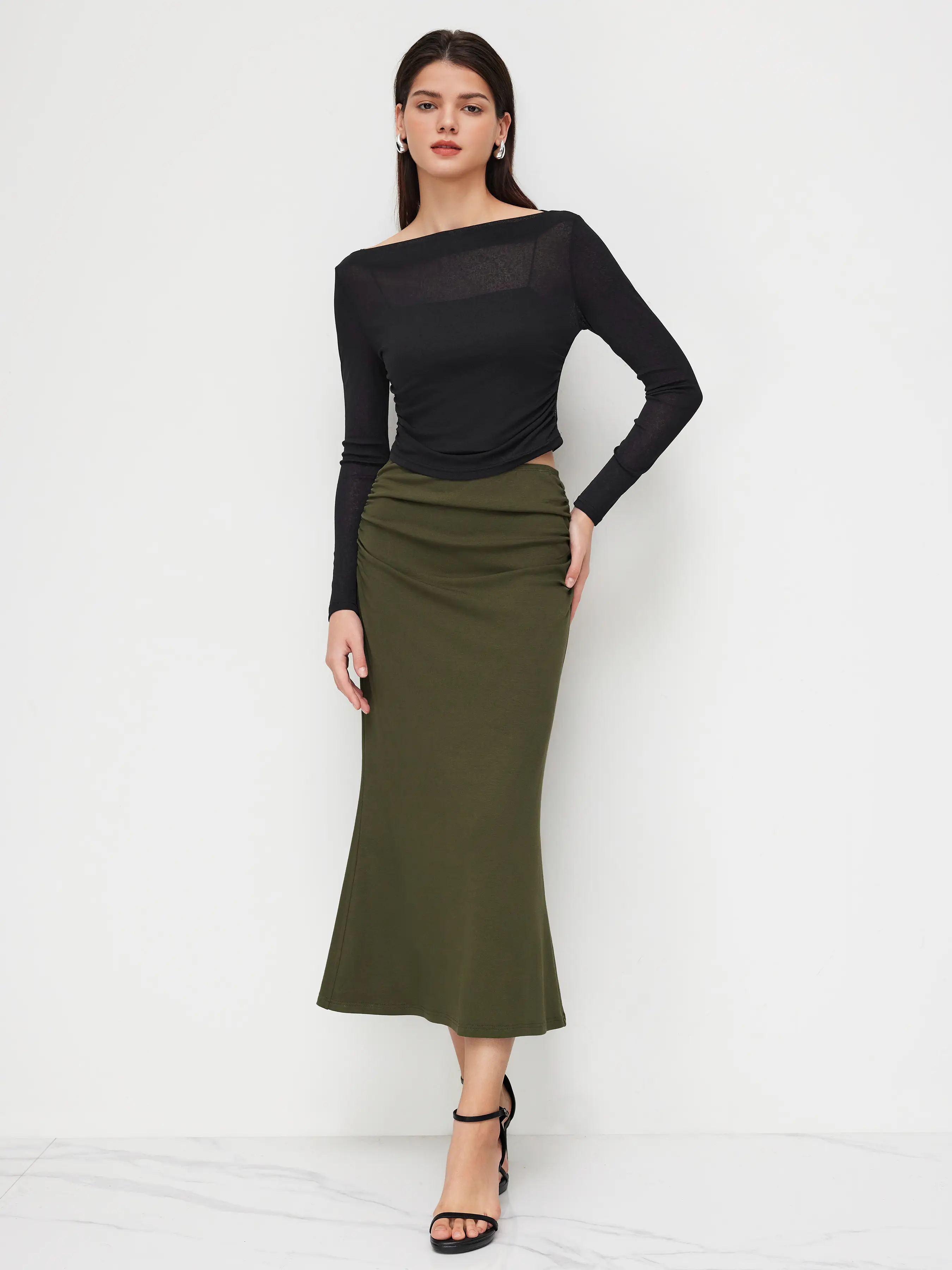 Off-shoulder Ruched Crop Top With Cami Top & Mid Rise Mermaid Maxi Skirt Set