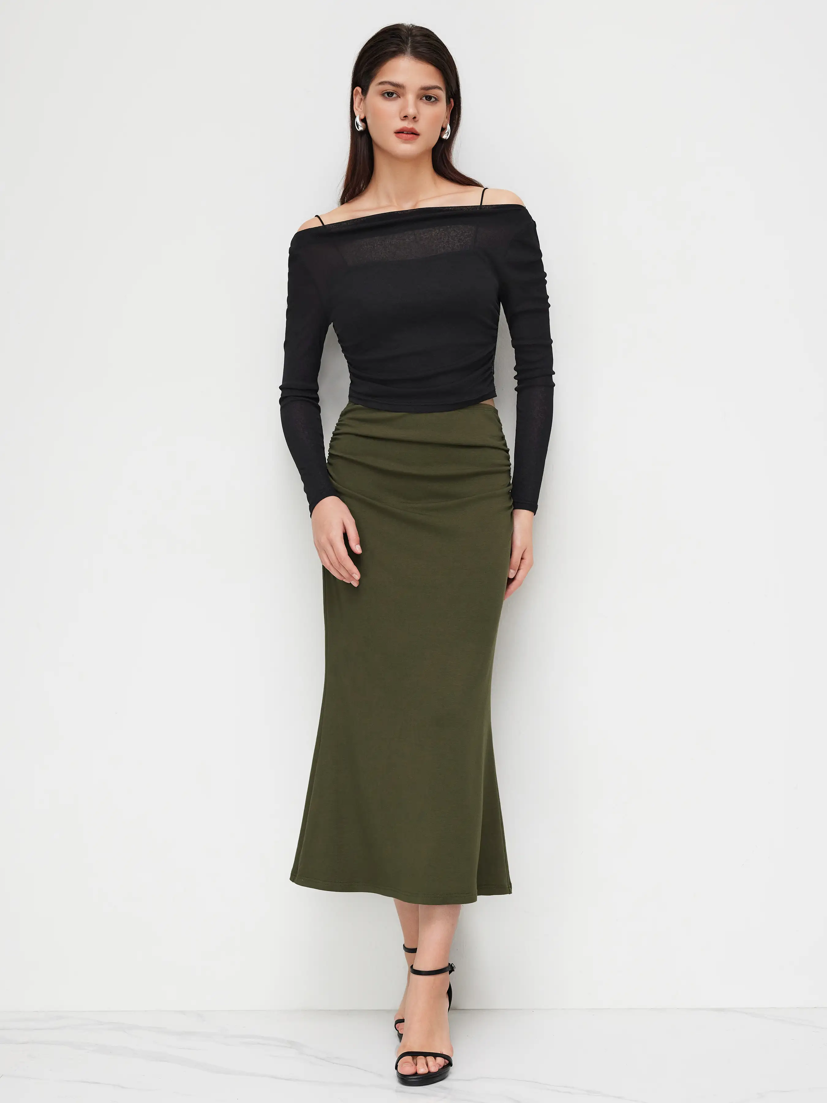 Off-shoulder Ruched Crop Top With Cami Top & Mid Rise Mermaid Maxi Skirt Set