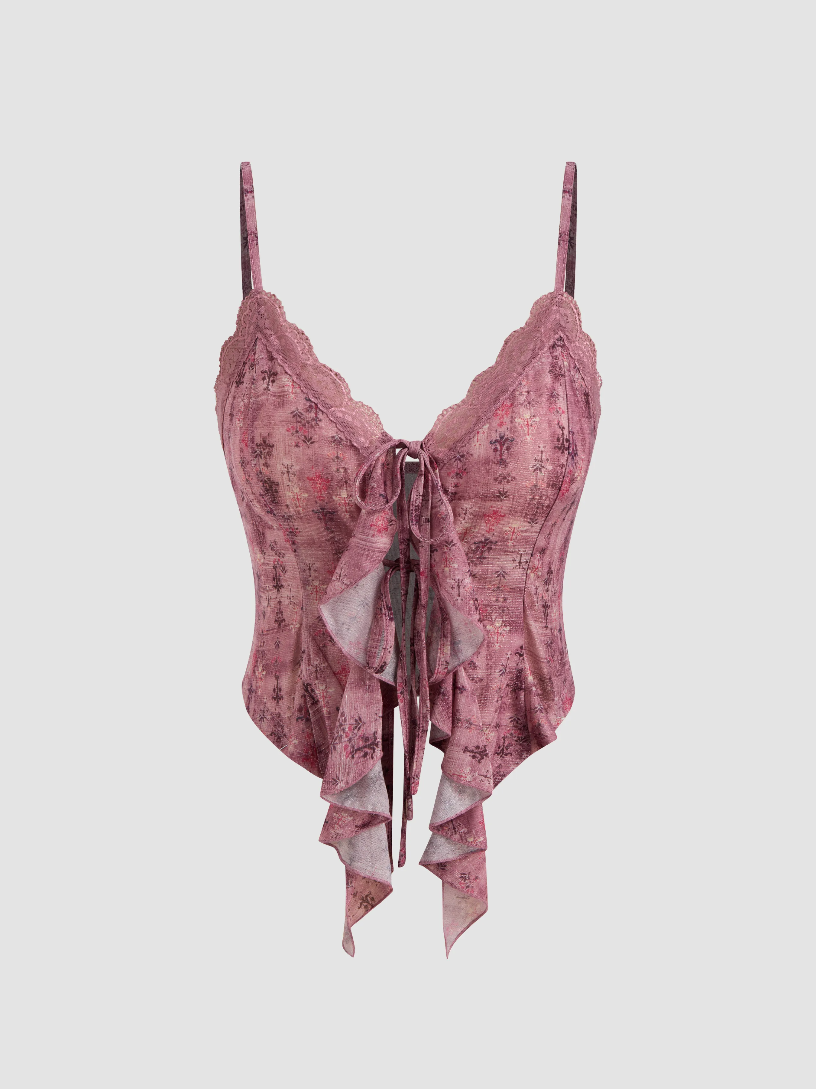 V-neck Floral Tie Front Bow Lace Ruffle Hem Crop Cami Top