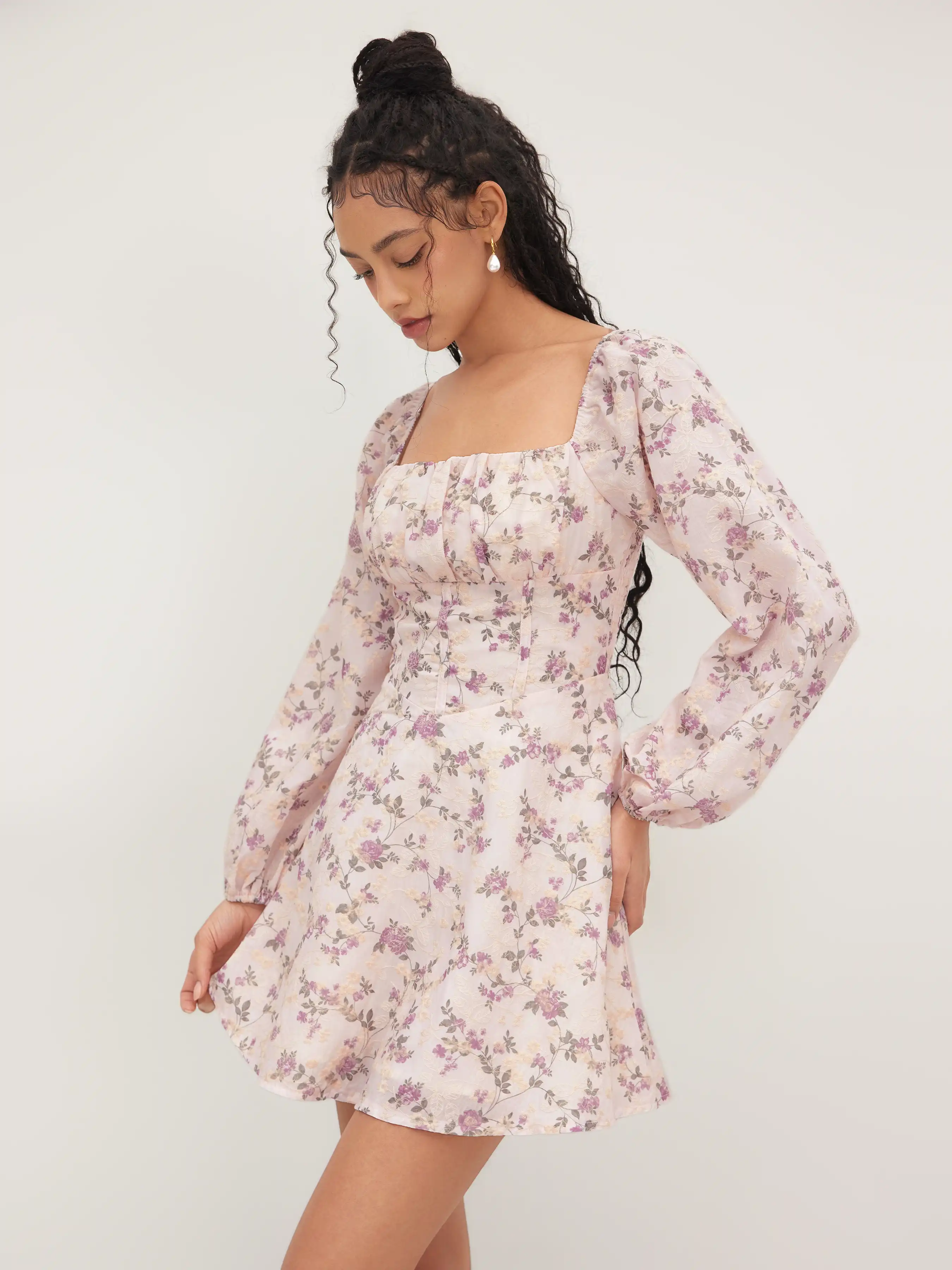 Square Neckline Floral Shirred Mini Dress