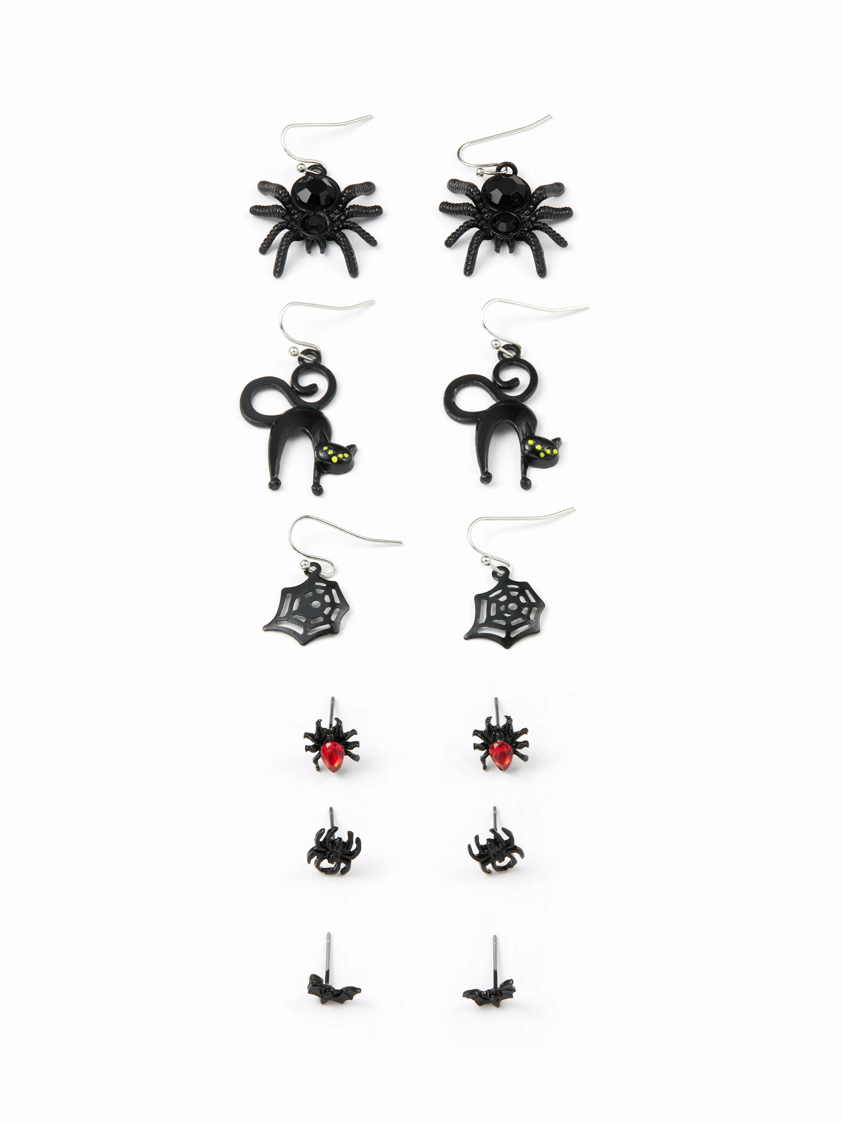 6 PAIRS SPIDER & BAT & CAT STUD EARRINGS SET