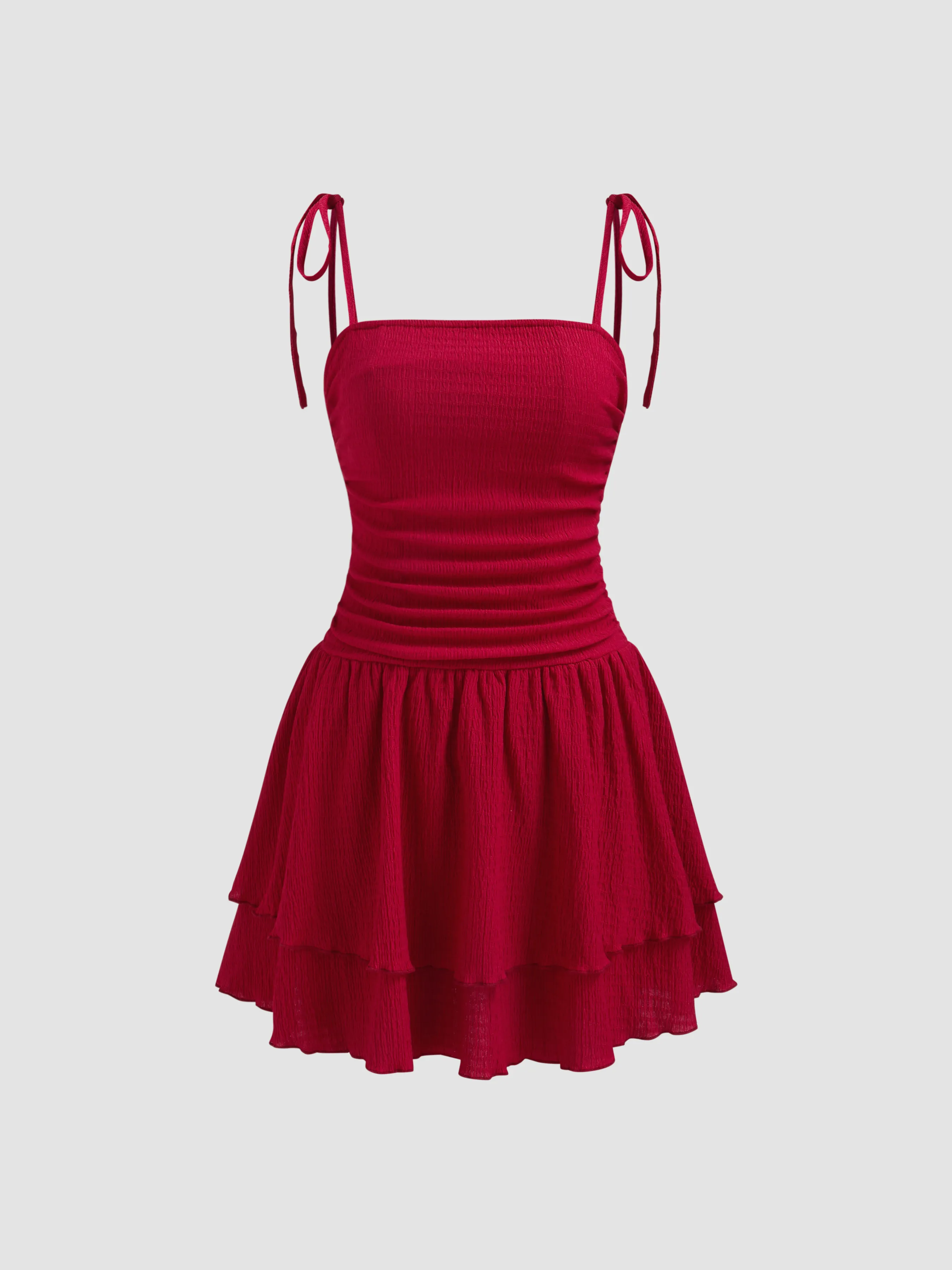 Square Neck Solid Ruched Knotted Layered Mini Dress