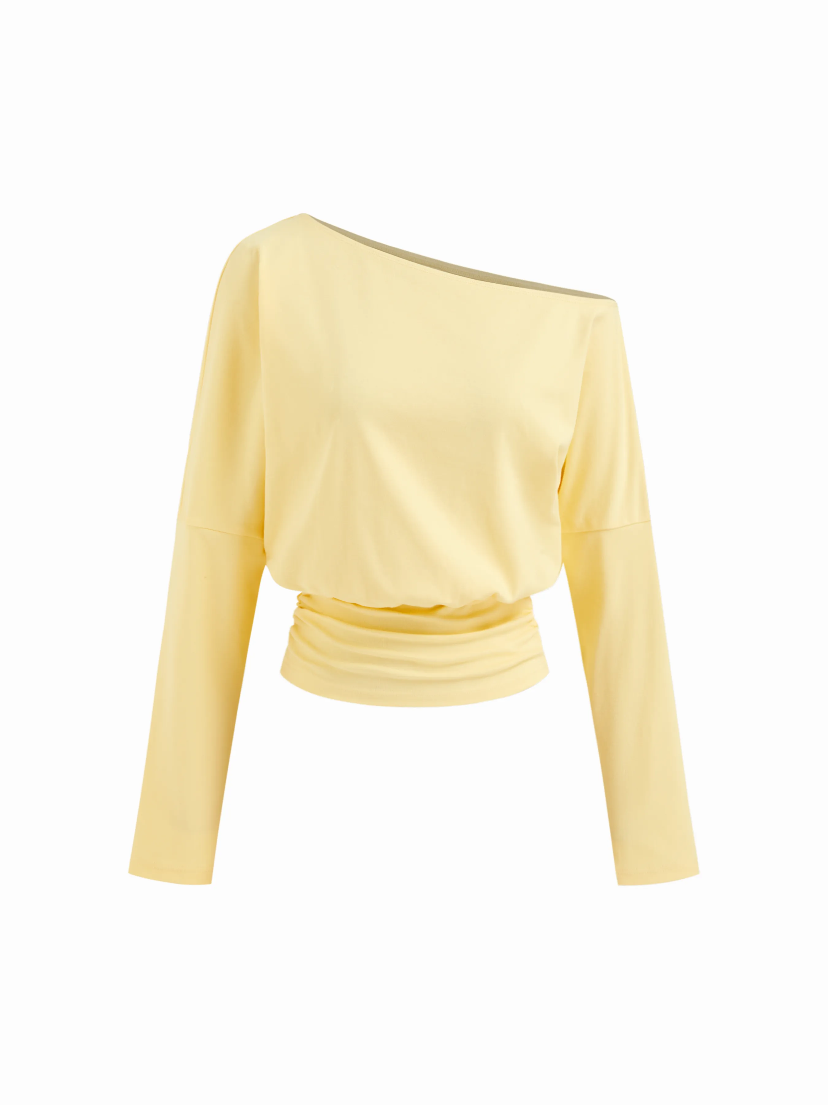 Cotton-blend Asymmetrical Neckline Ruched Cinched Waist Tee