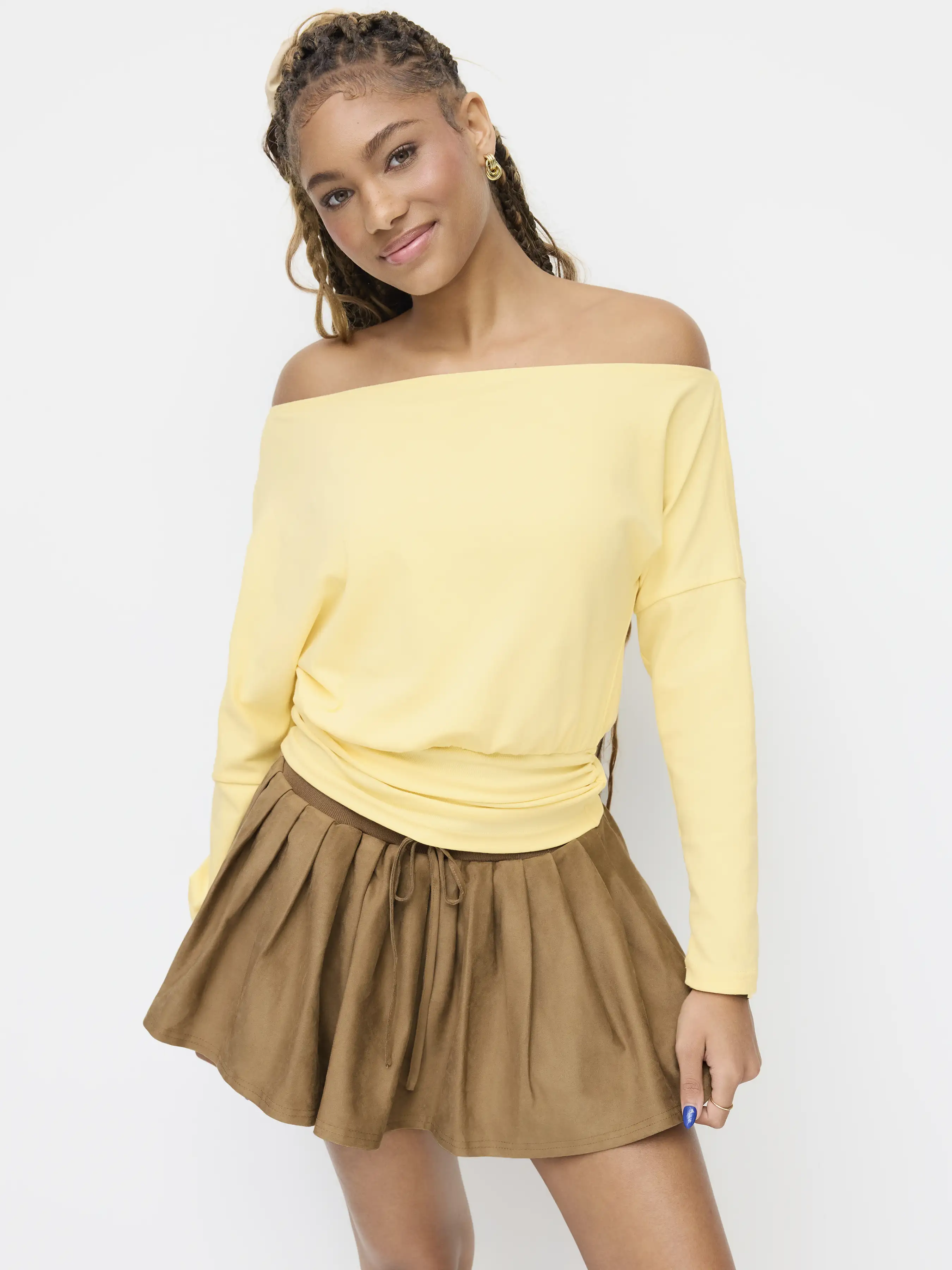 Cotton-blend Asymmetrical Neckline Ruched Cinched Waist Tee