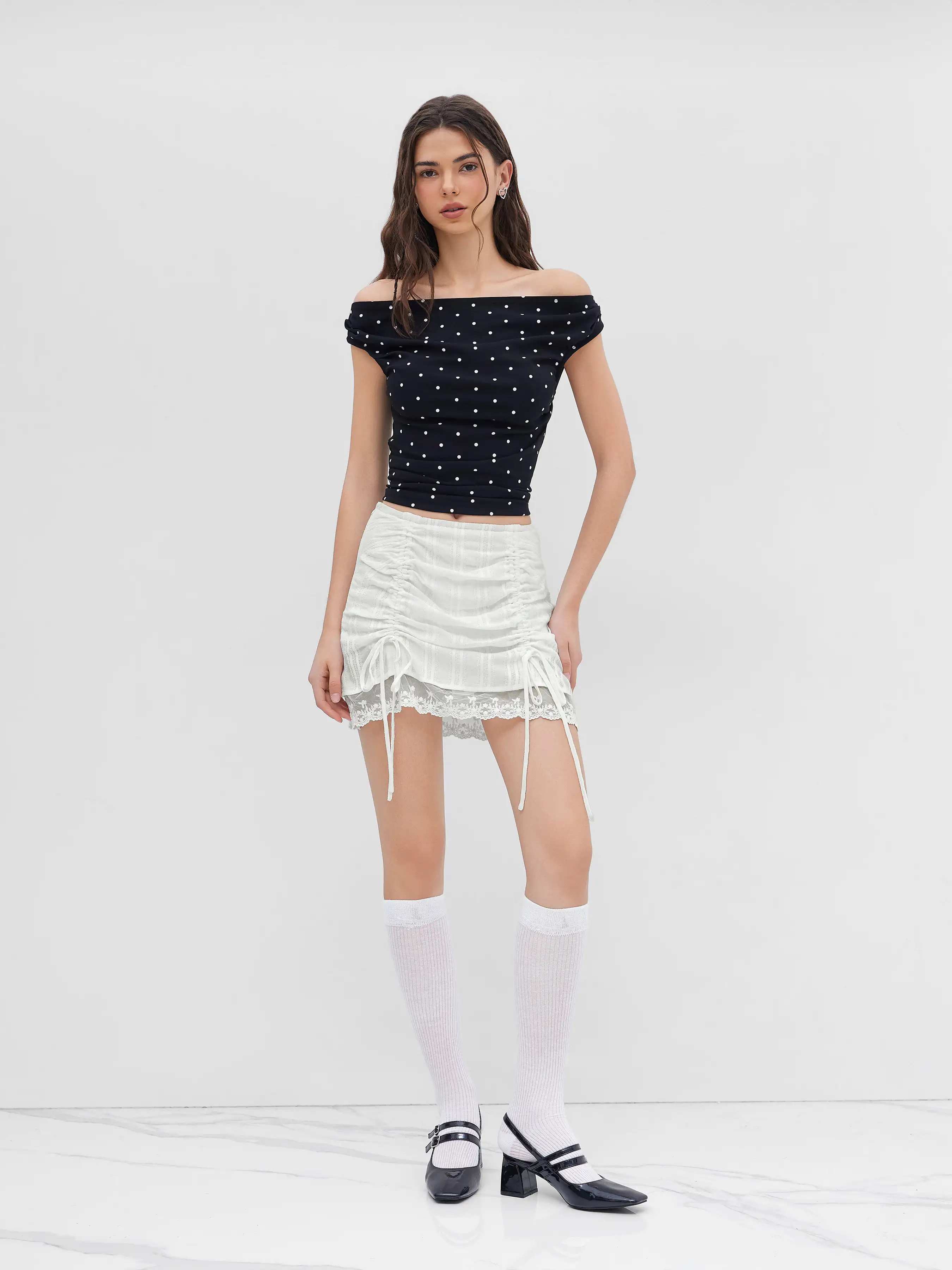Cotton Low Rise Drawstring Ruched Lace Trim Mini Skirt
