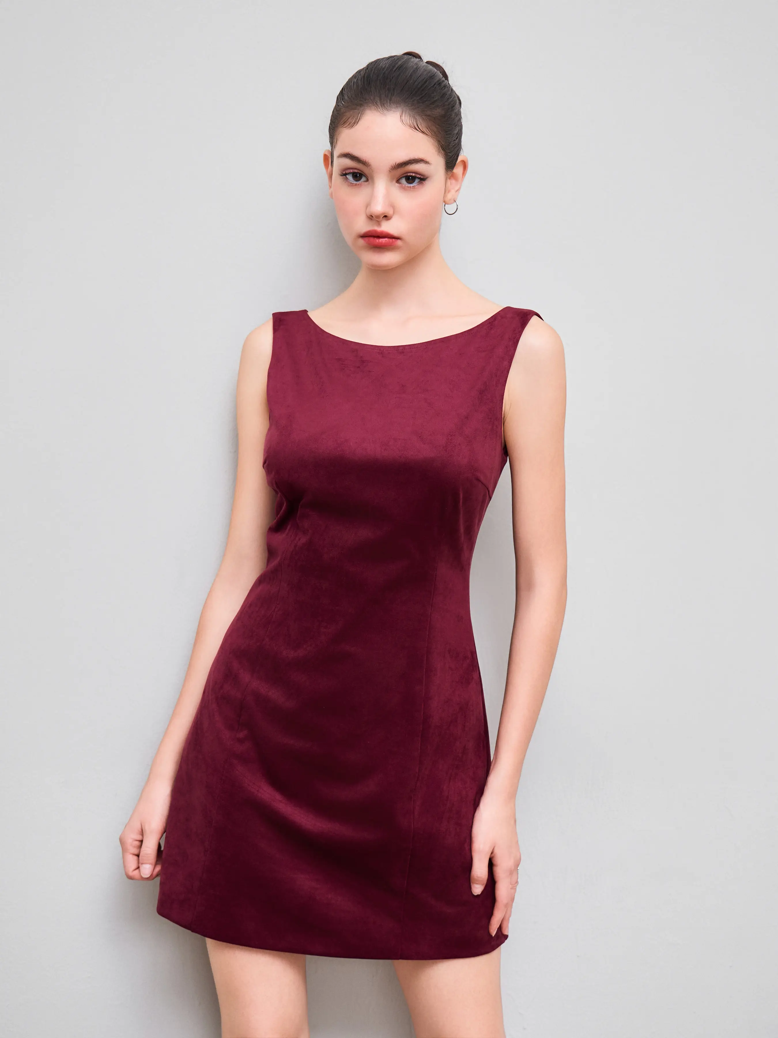 Suede Boat Neck Mini Dress