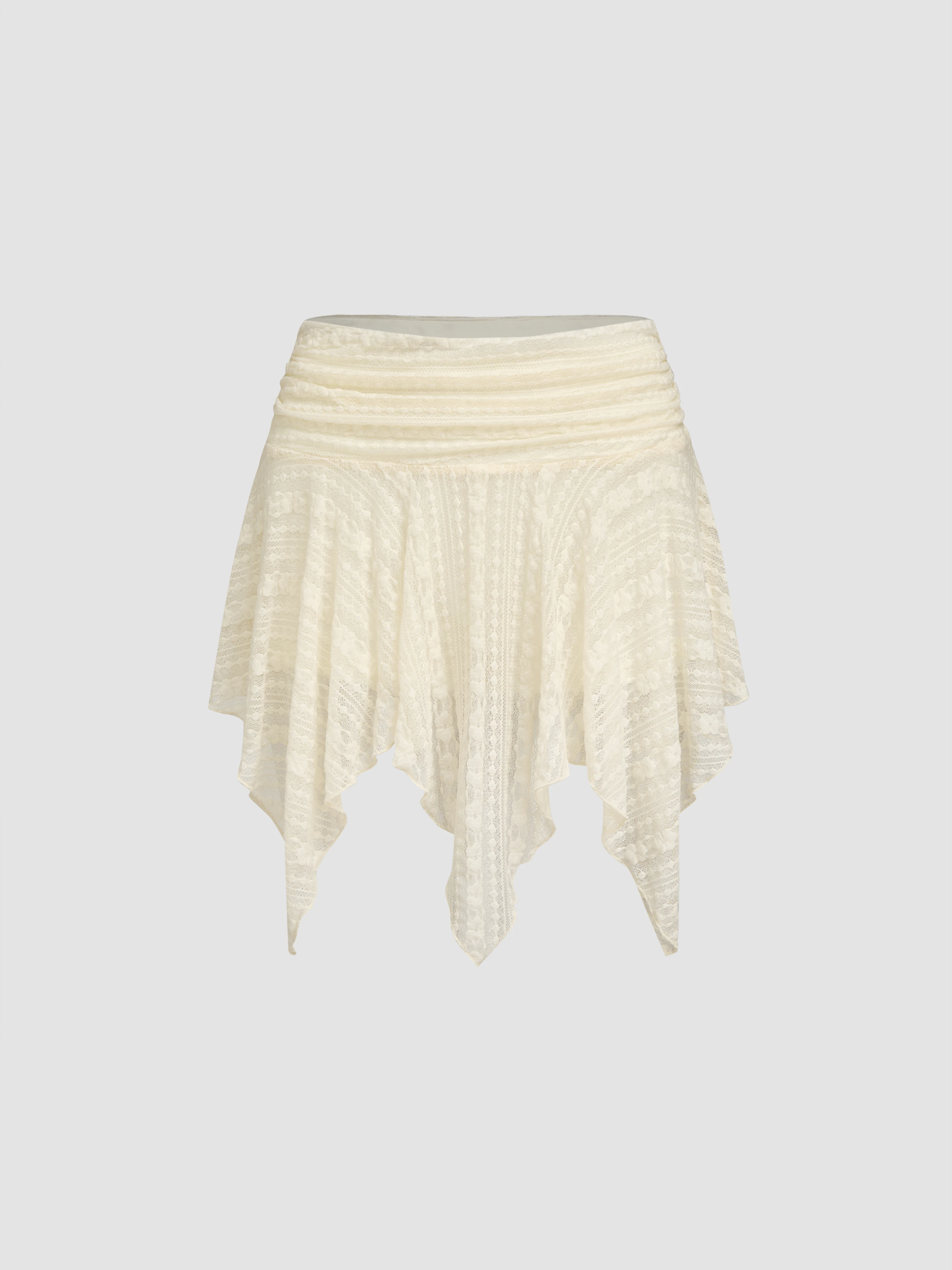 Lace Low Rise Ruched Asymmetrical Ruffle Hem Mini Skort
