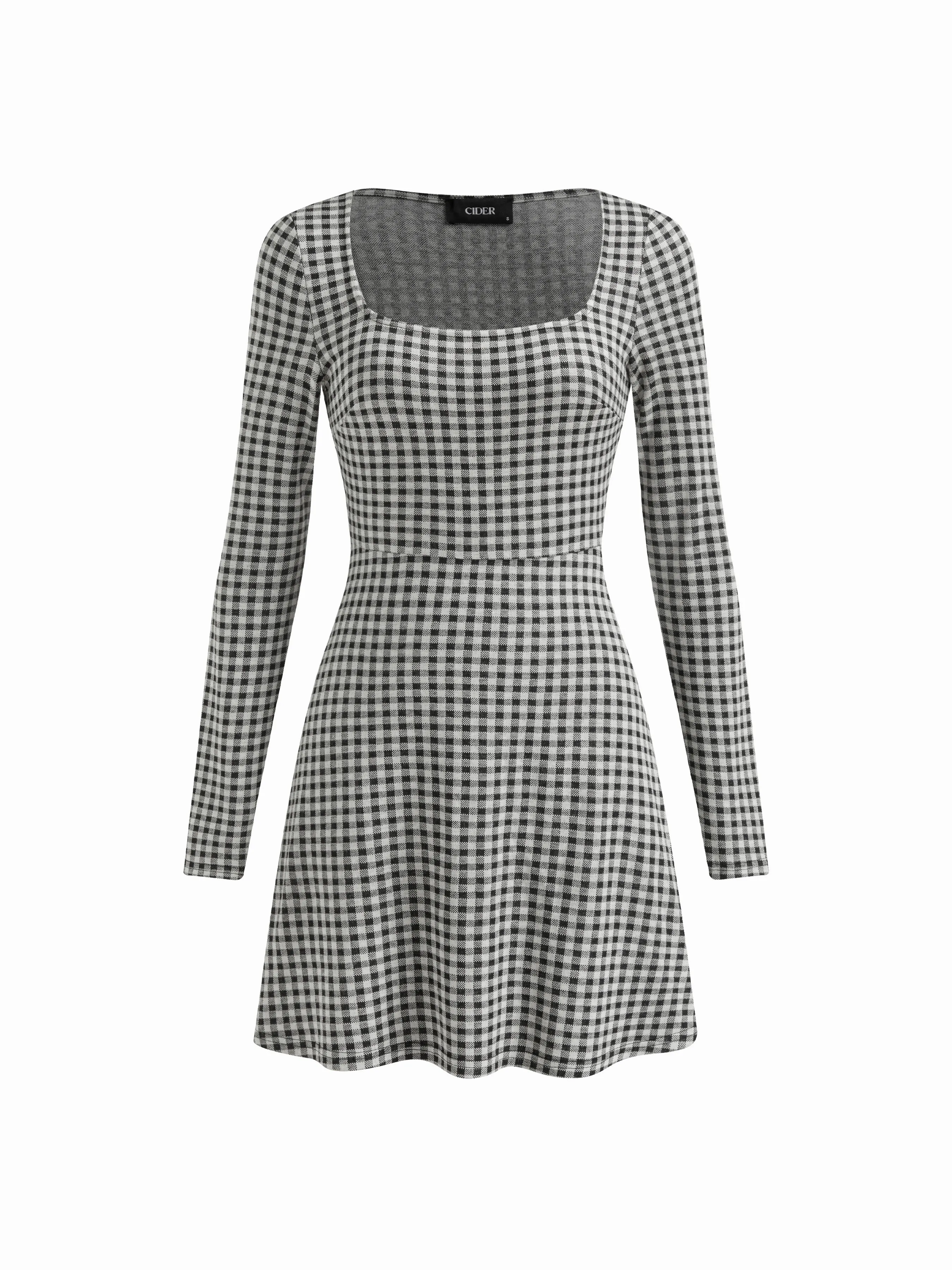 Gingham Square Neck Long Sleeve Mini Shift Dress