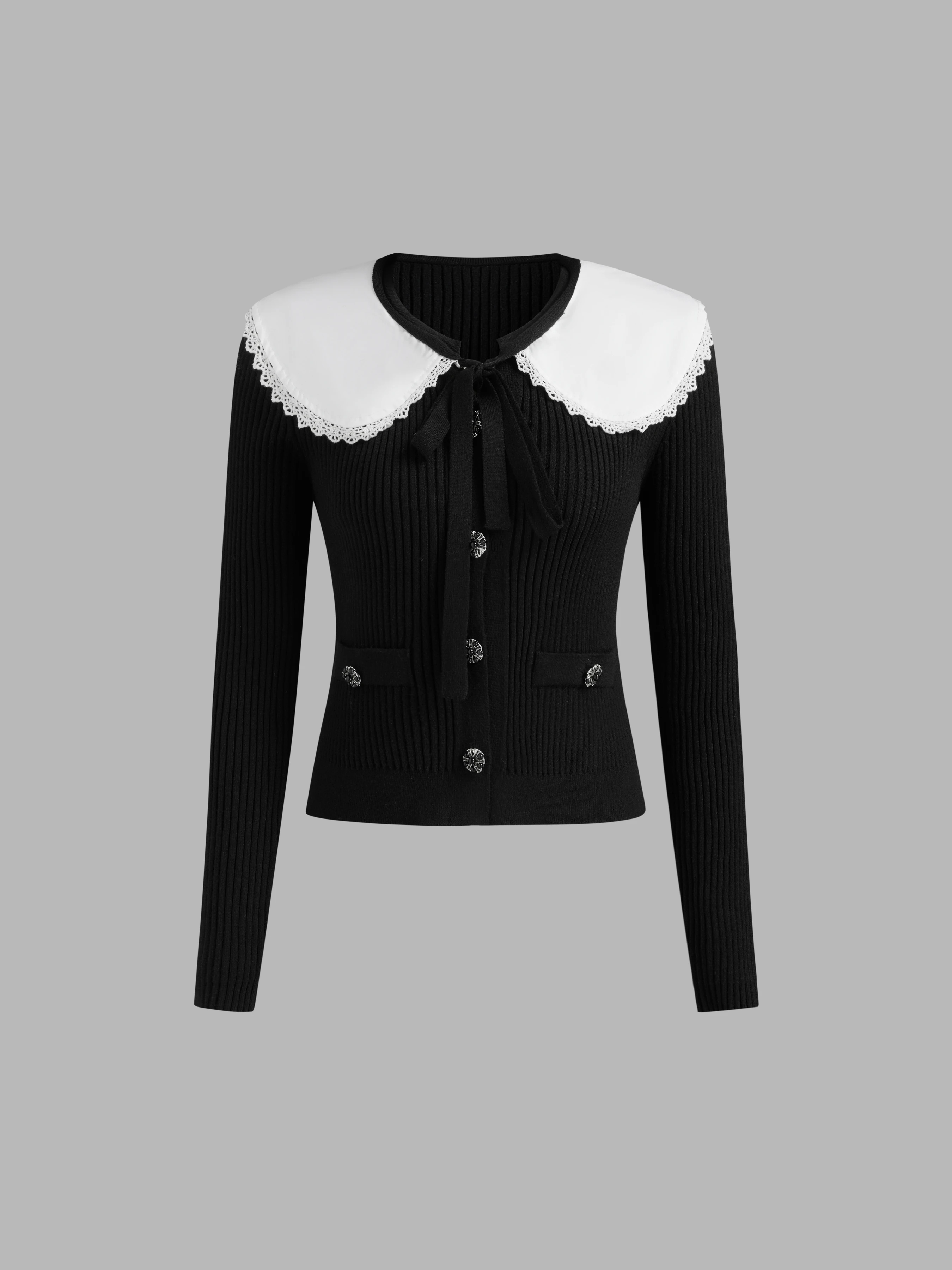 Knit Collar Lace Trim Cardigan