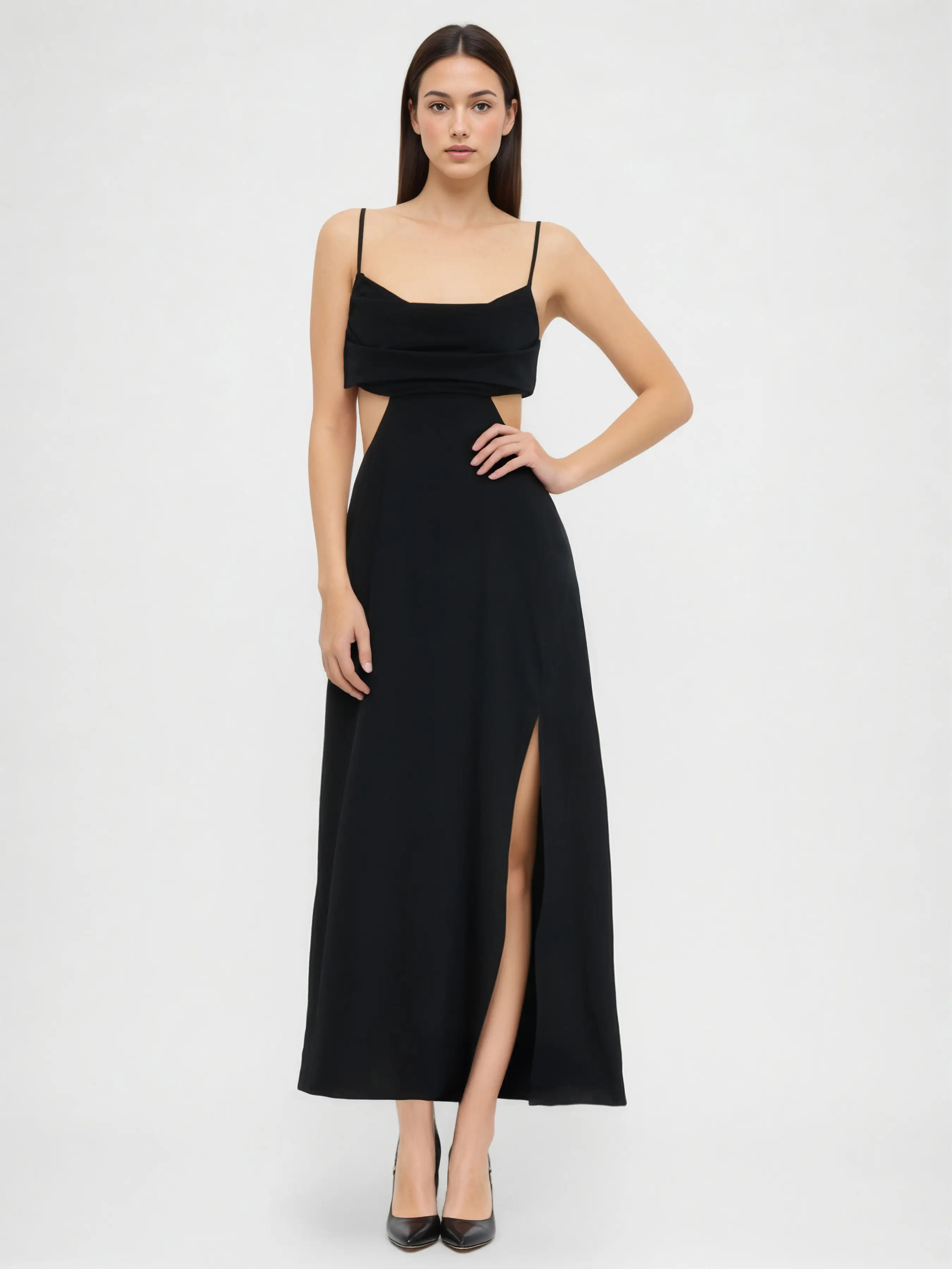 Linen-blend Split Criss Cross Cut Out Cami Maxi Dress