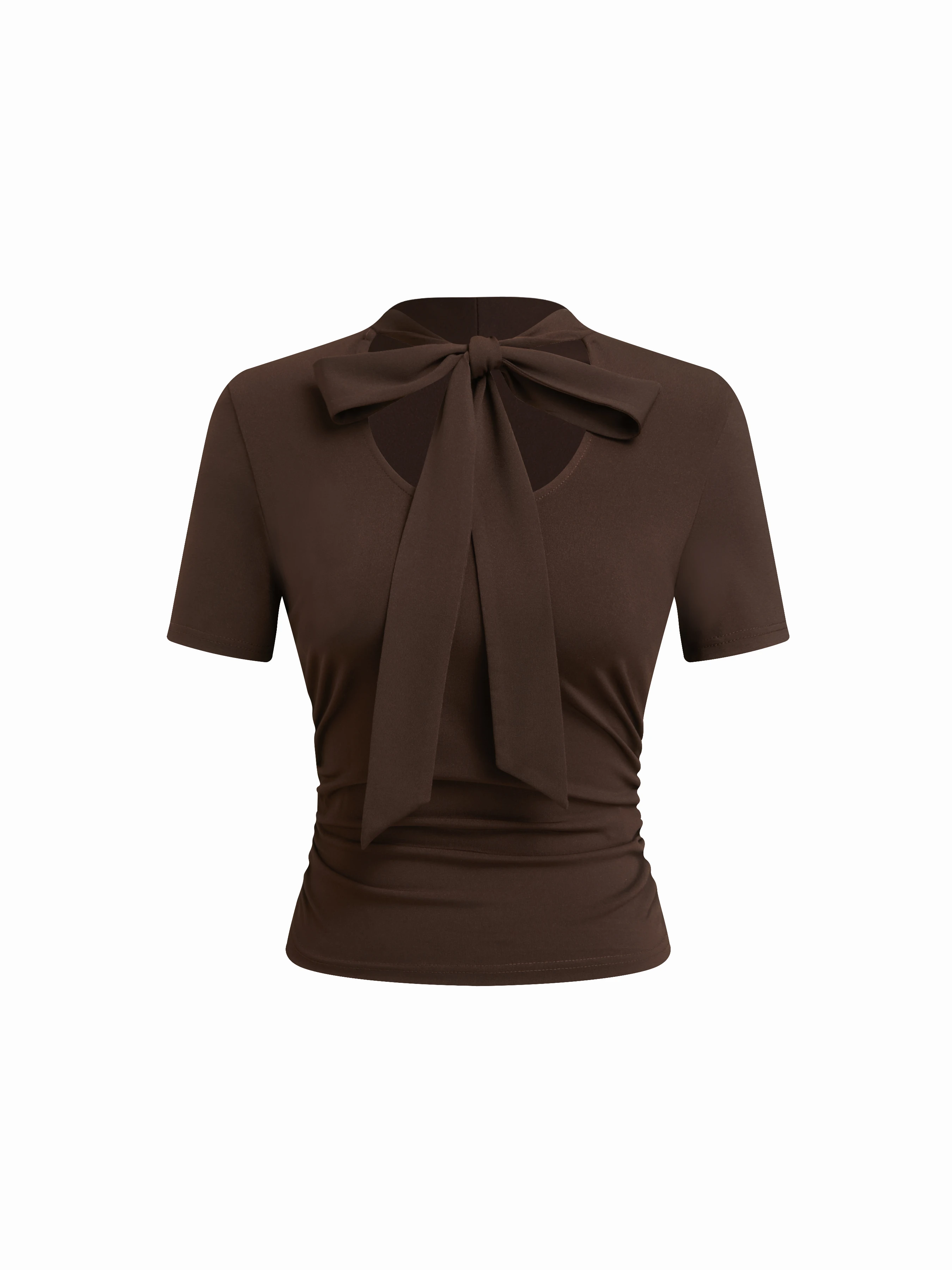 Stand Collar Knotted Ruched Short Sleeve Tee