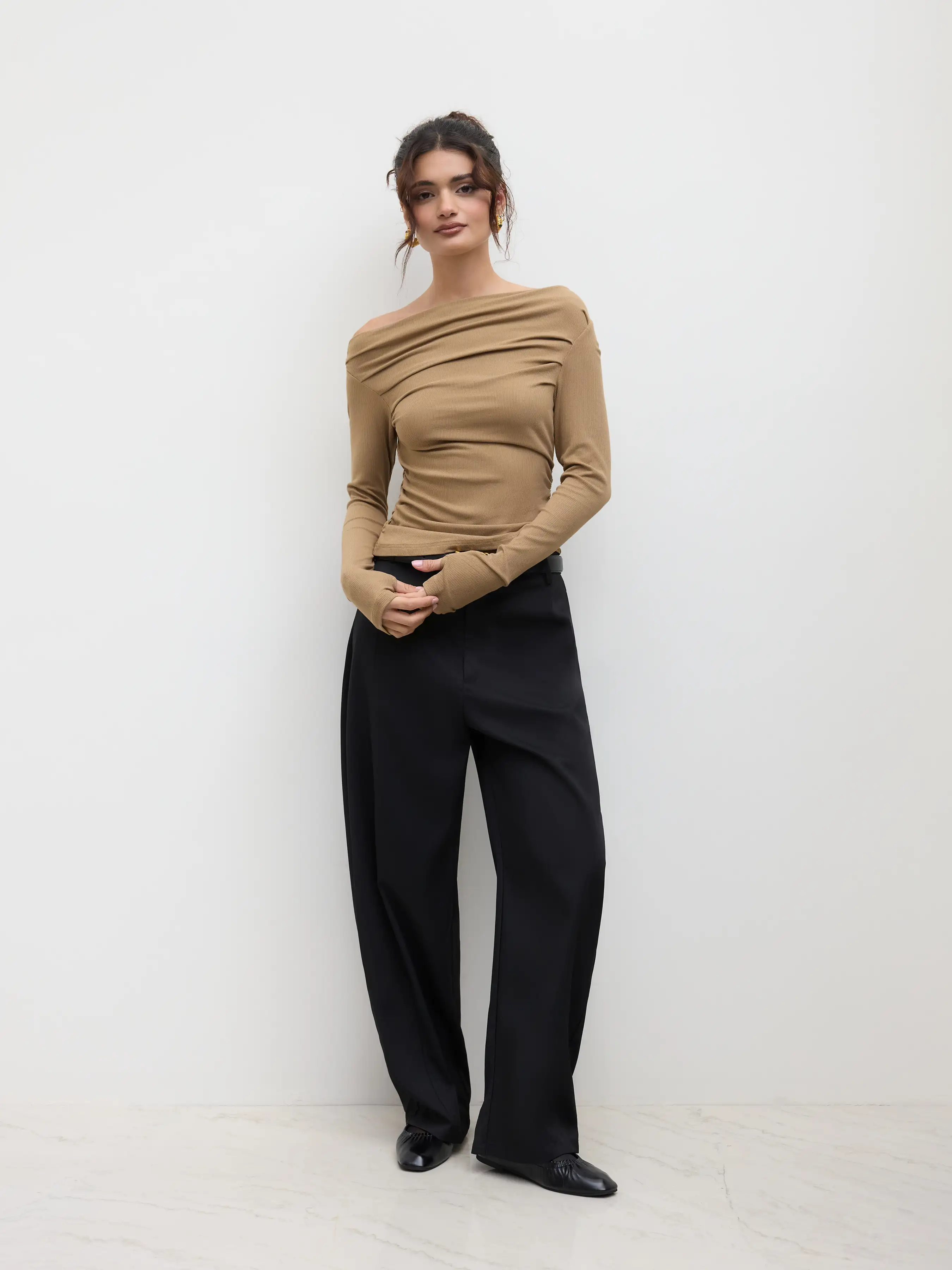 Solid Asymmetrical Neck Long Sleeve Top