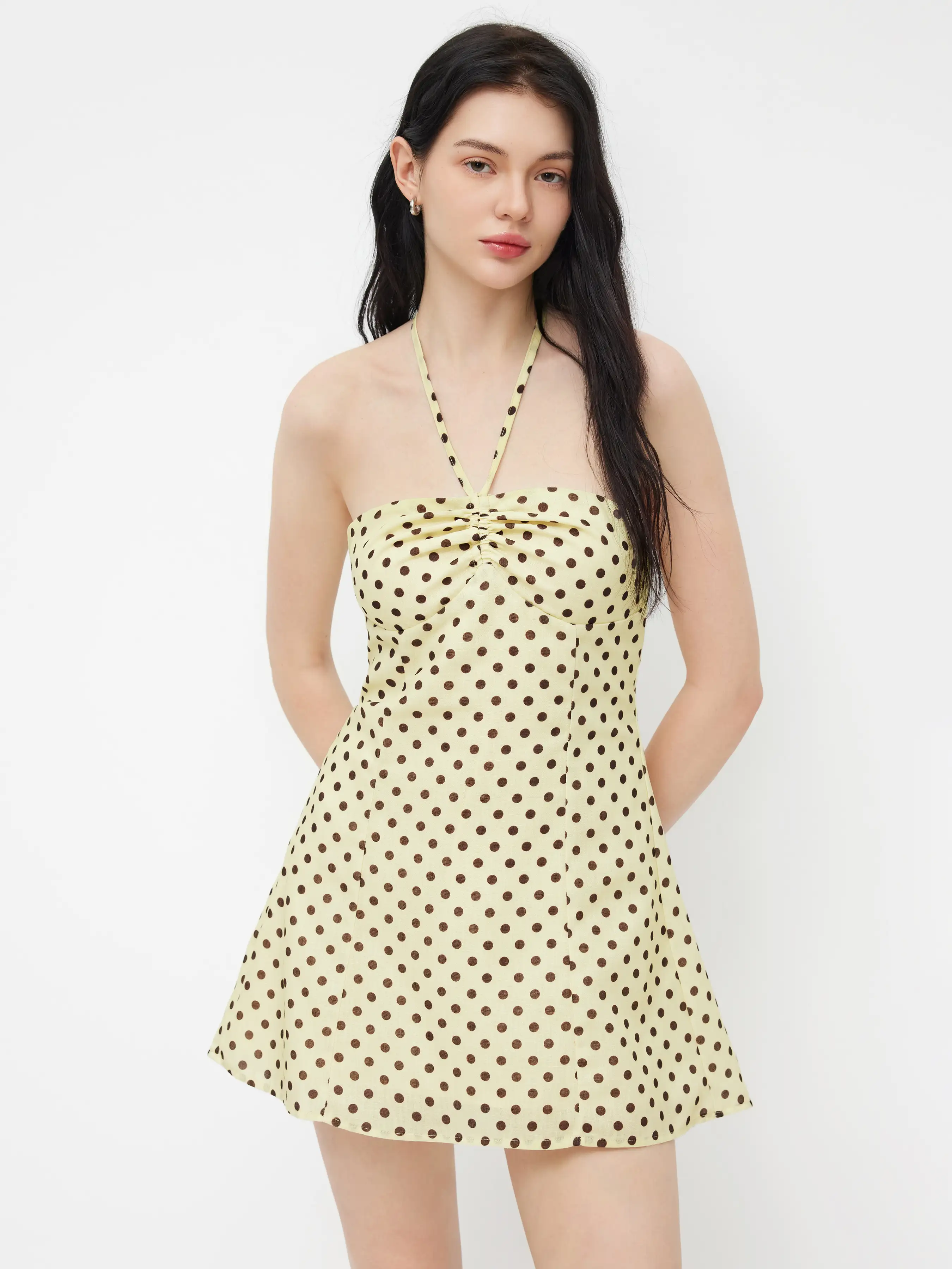 Halter Neckline Polka Dot Drawstring Mini Dress