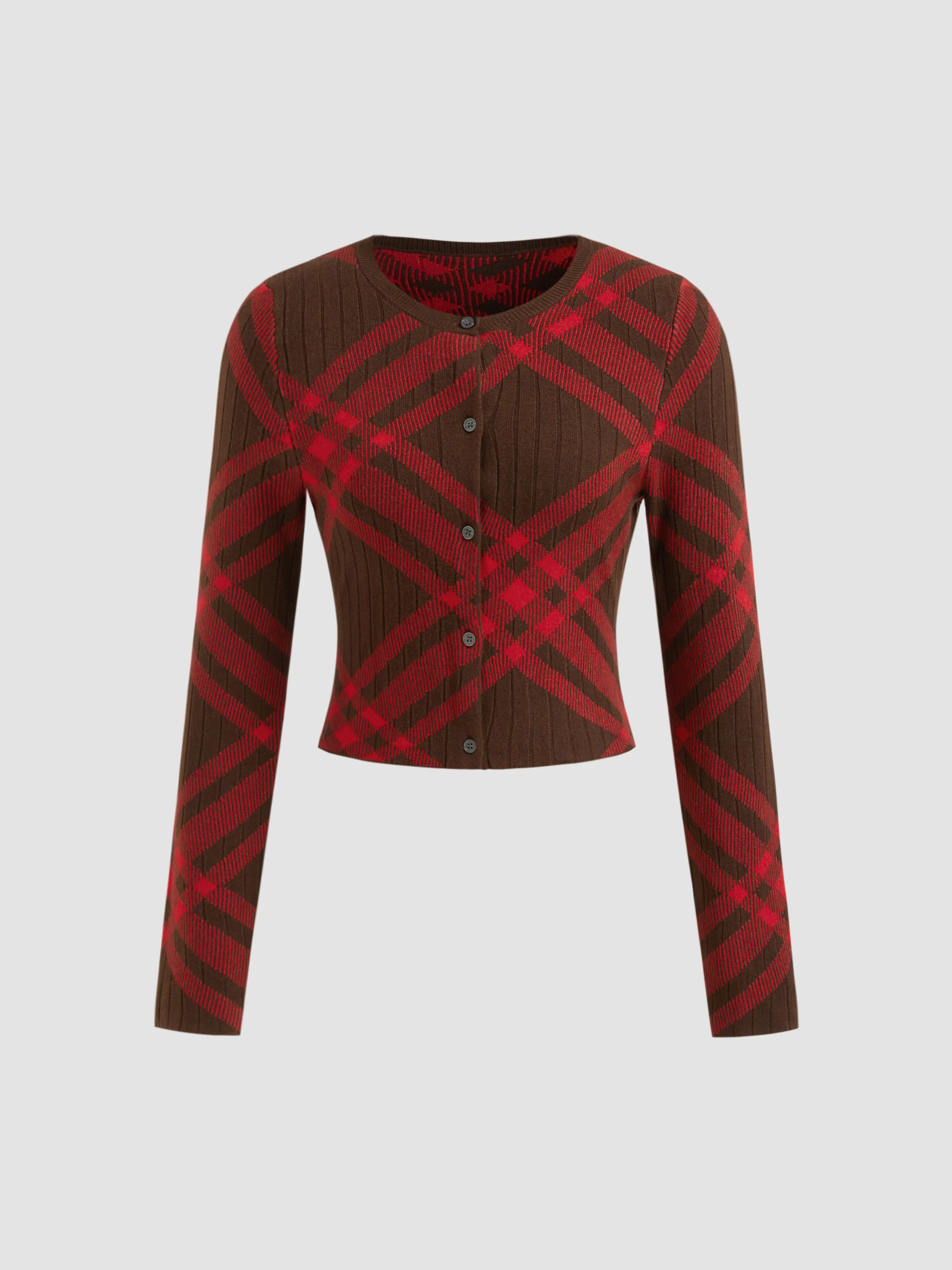 Knit Round Neckline Tartan Cardigan