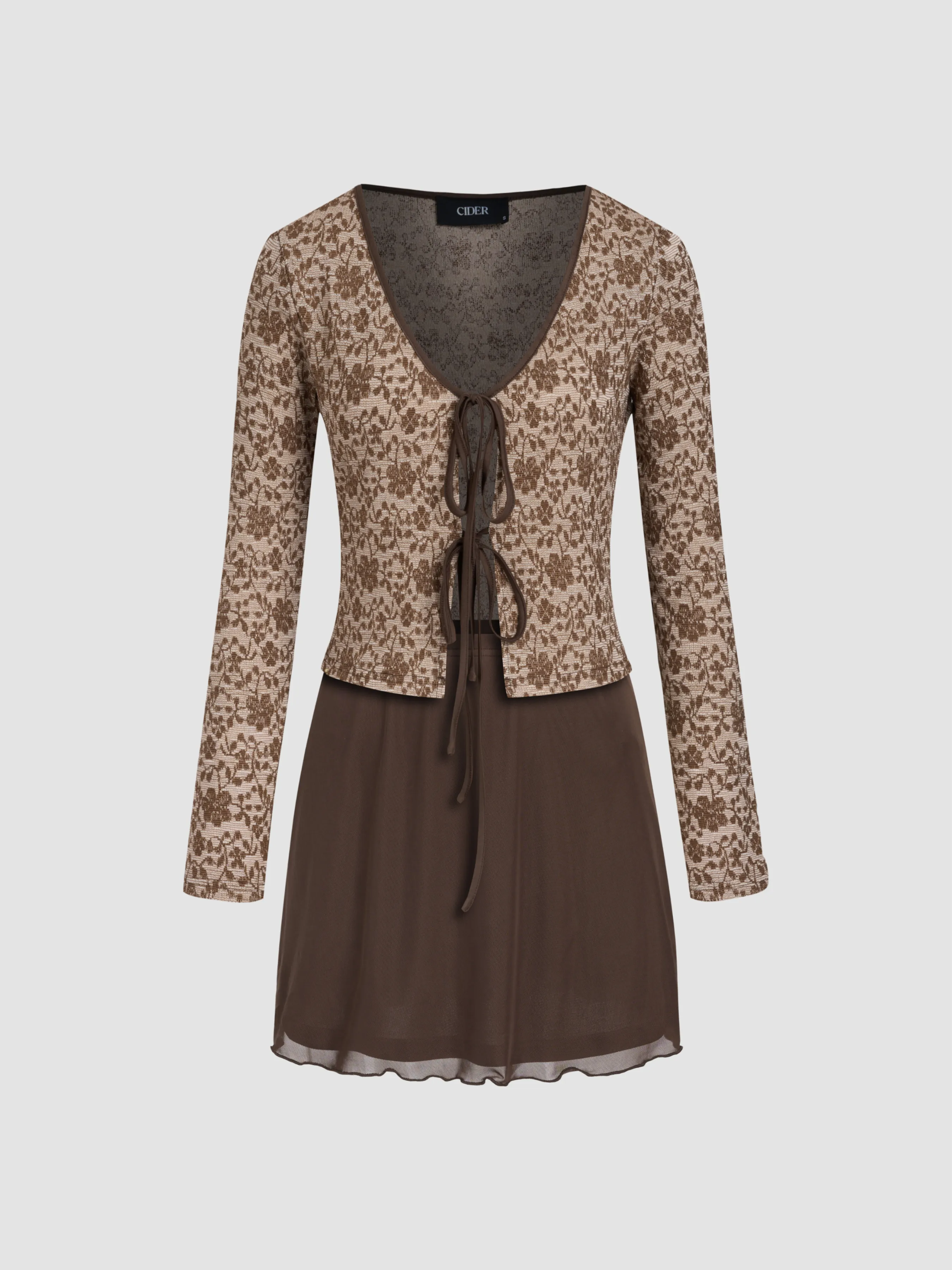 Cotton-blend V-neck Floral Tie Front Top & Low Rise Mini Skirt Set