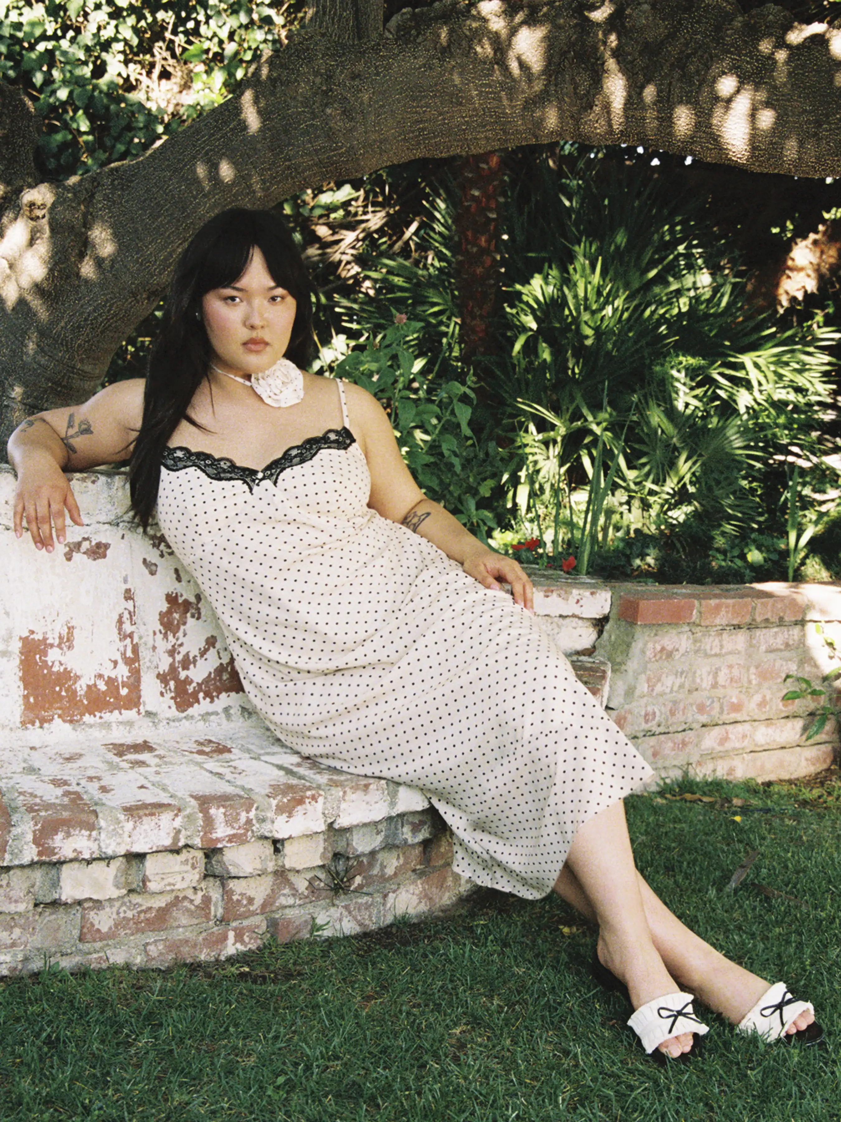 Chiffon Sweetheart Polka Dot Contrasting Lace Midi Dress Curve & Plus