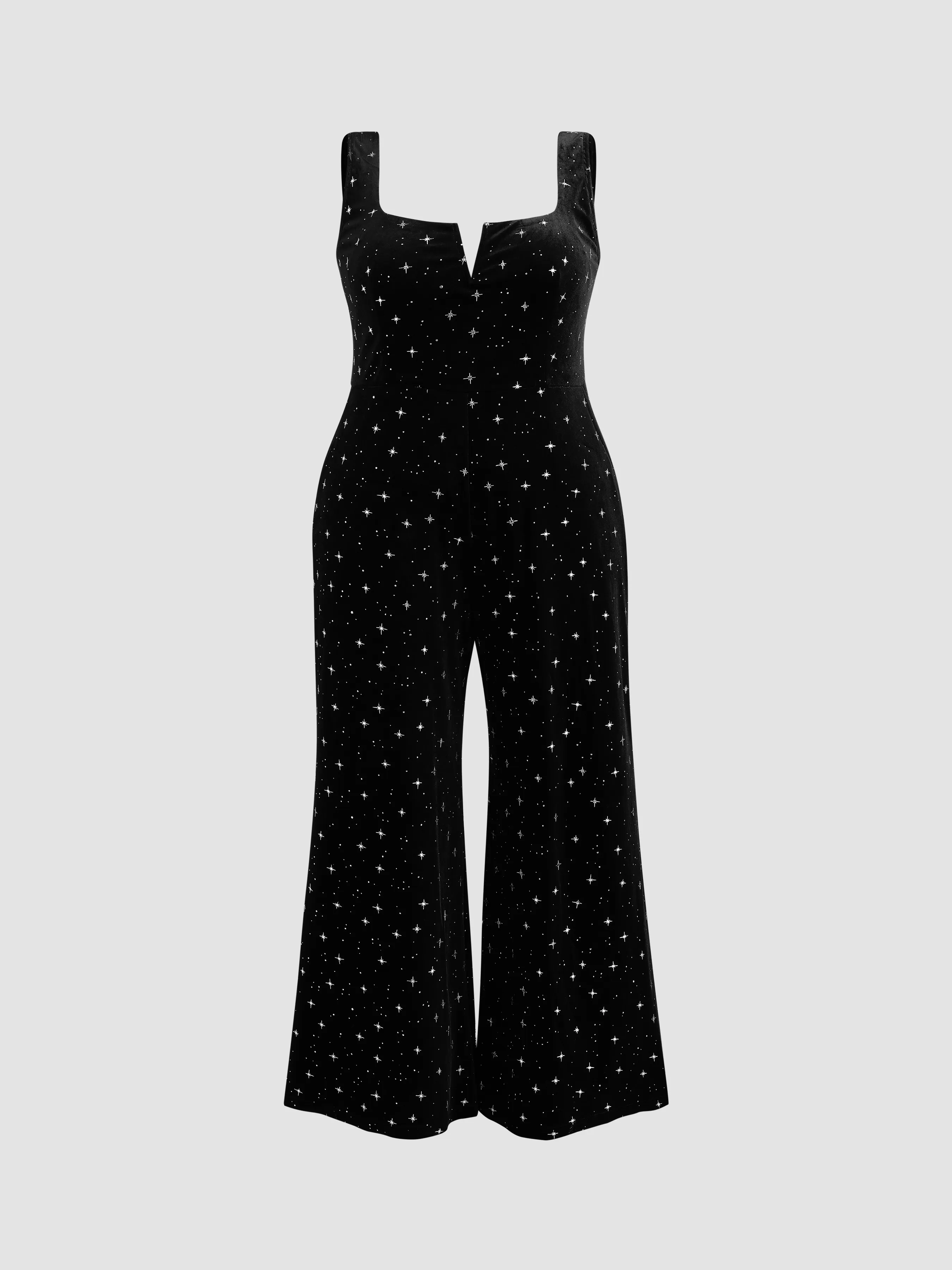 Velvet Square Neck Star Pattern Flared Jumpsuit Curve & Plus
