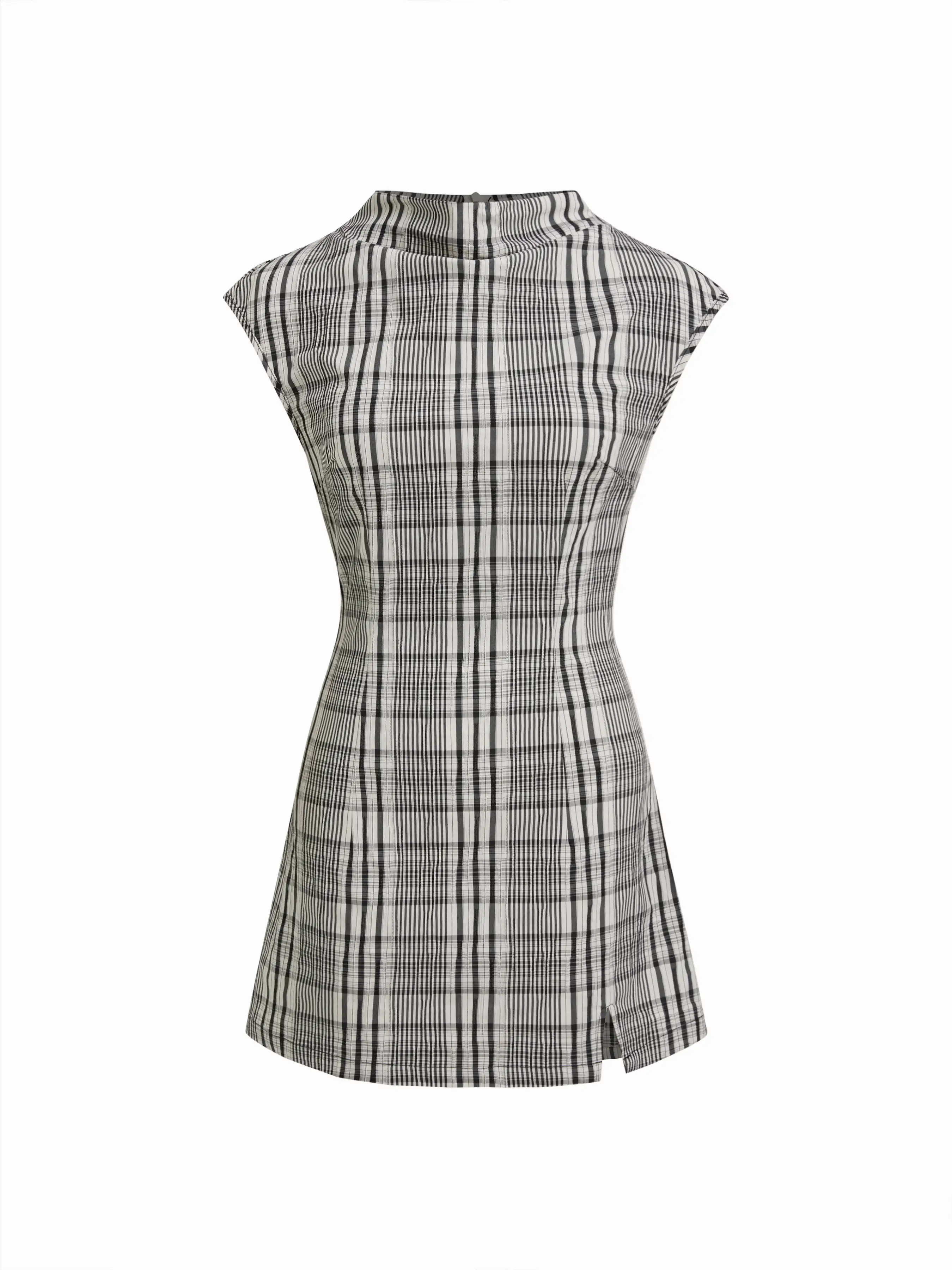 100% Cotton Plaid High Neck Split Side Mini Dress