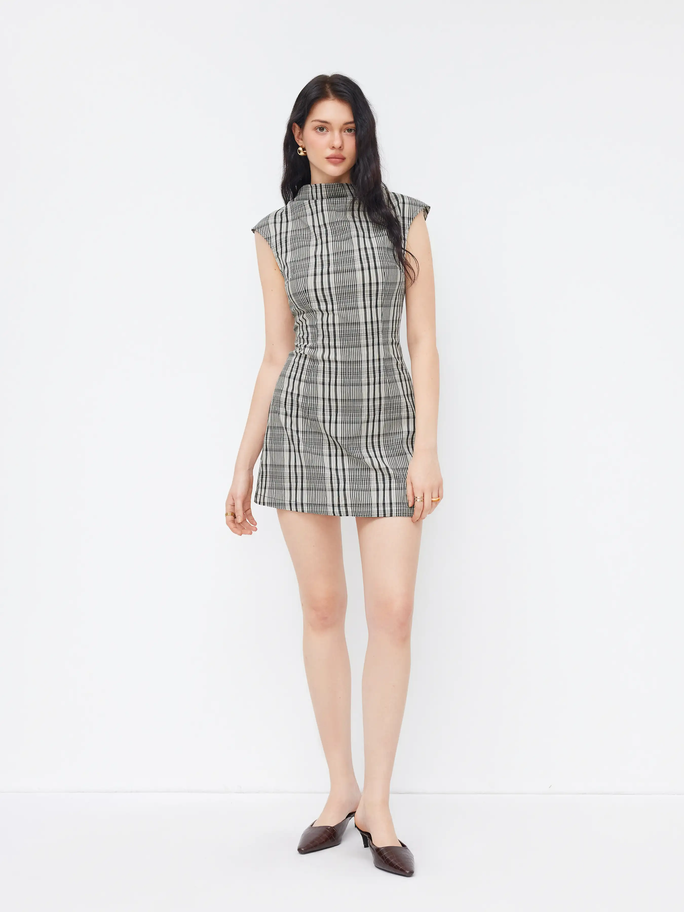 100% Cotton Plaid High Neck Split Side Mini Dress