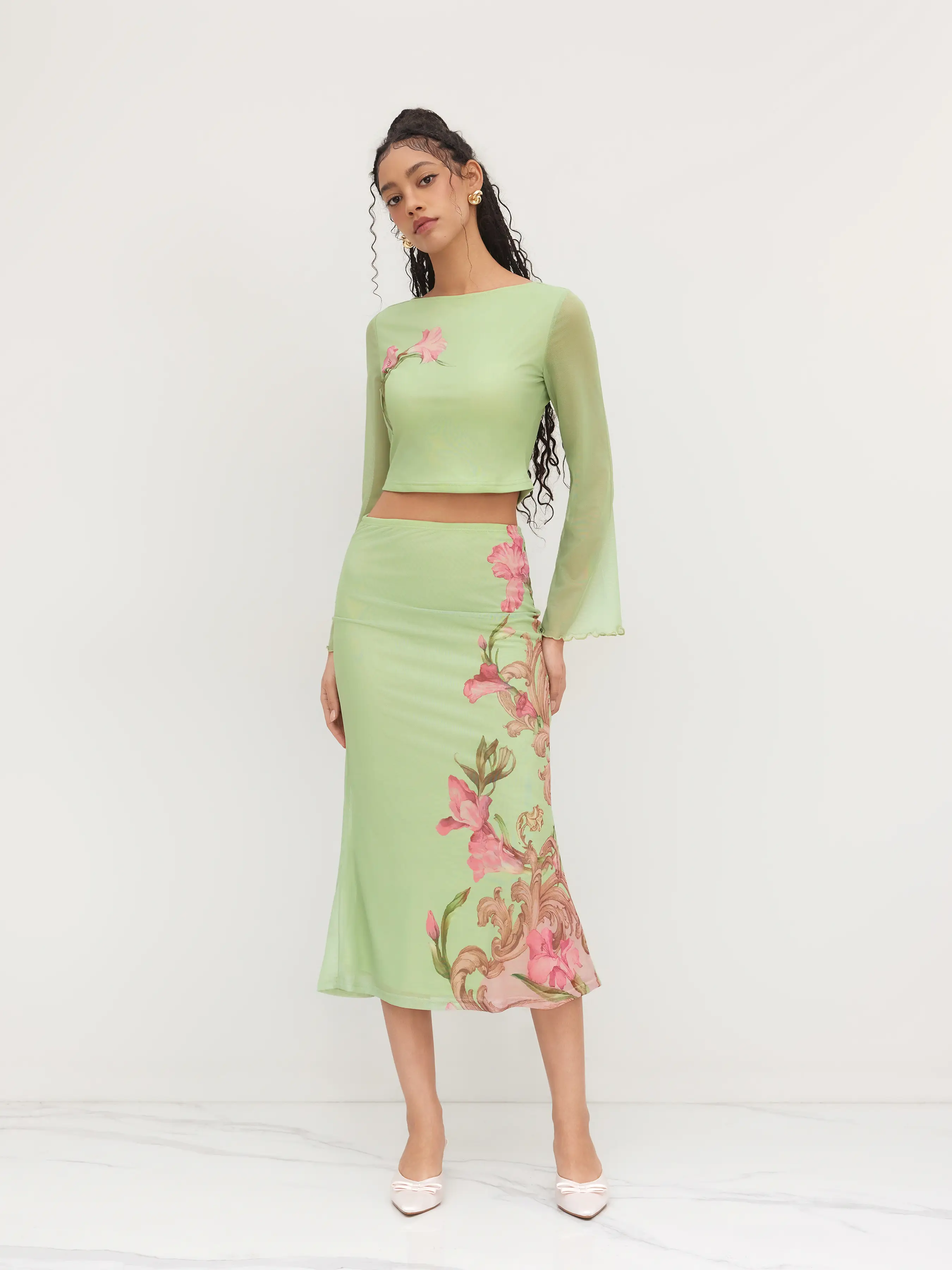 Mesh Floral Lettuce Trim Crop Top & Mid Rise Ruffle Maxi Skirt Set