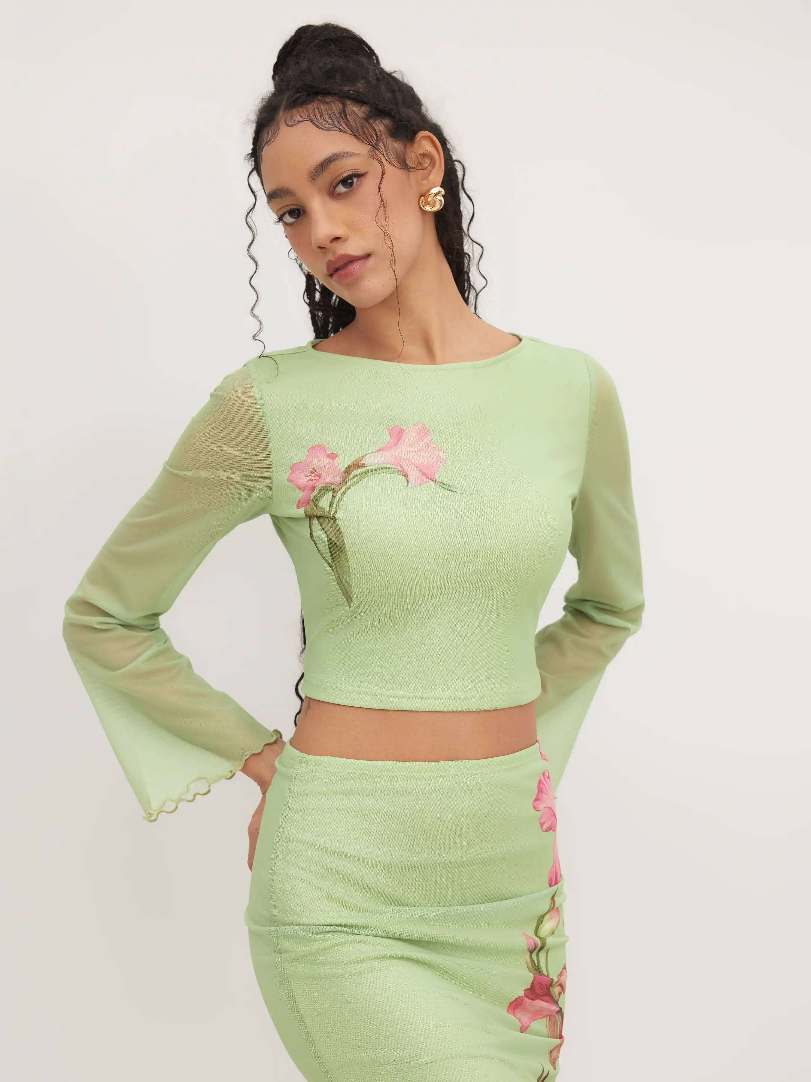 Mesh Floral Lettuce Trim Crop Top & Mid Rise Ruffle Maxi Skirt Set