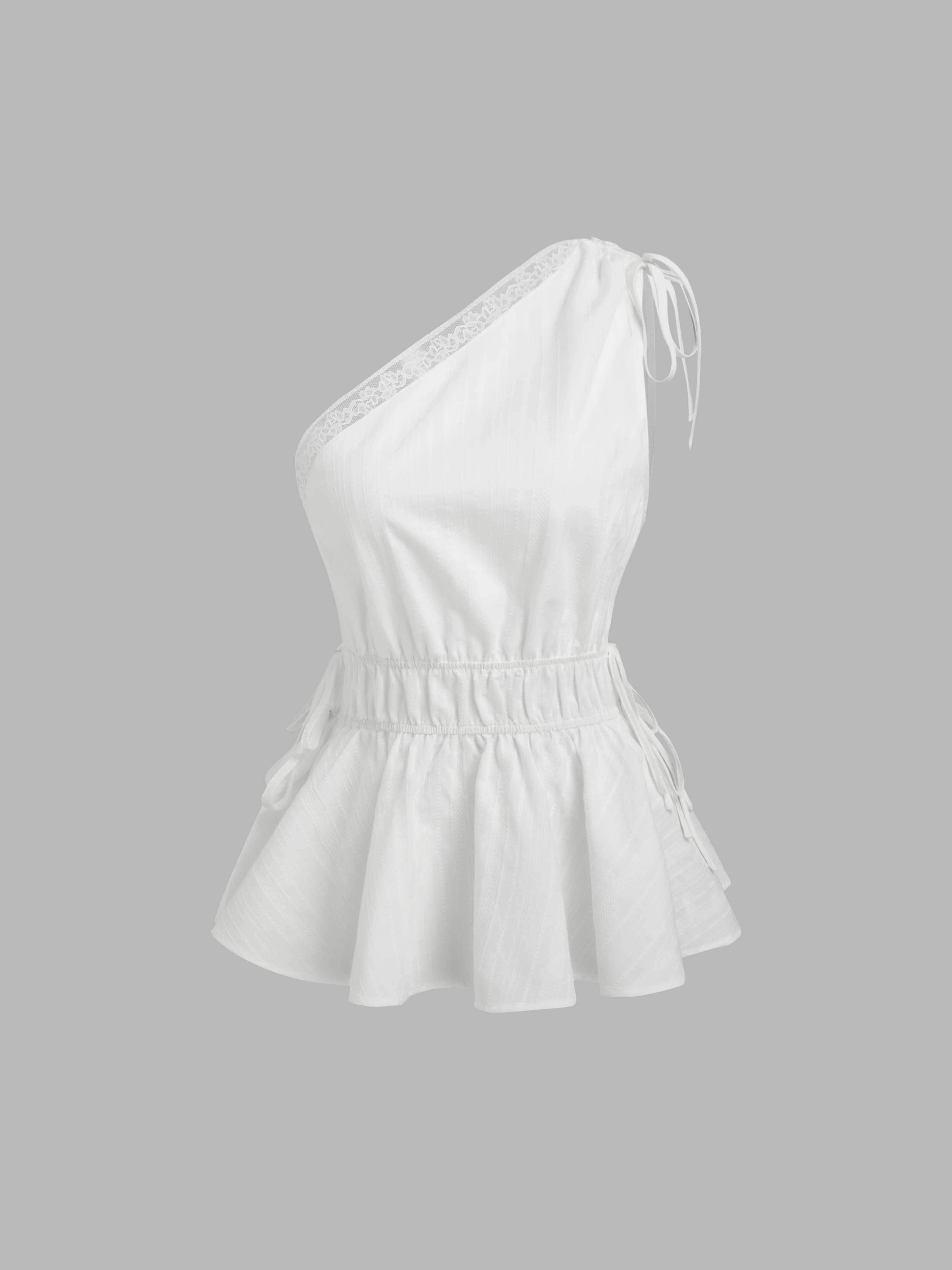 Cotton Asymmetrical Neck Drawstring Lace Ruffle Tank Top
