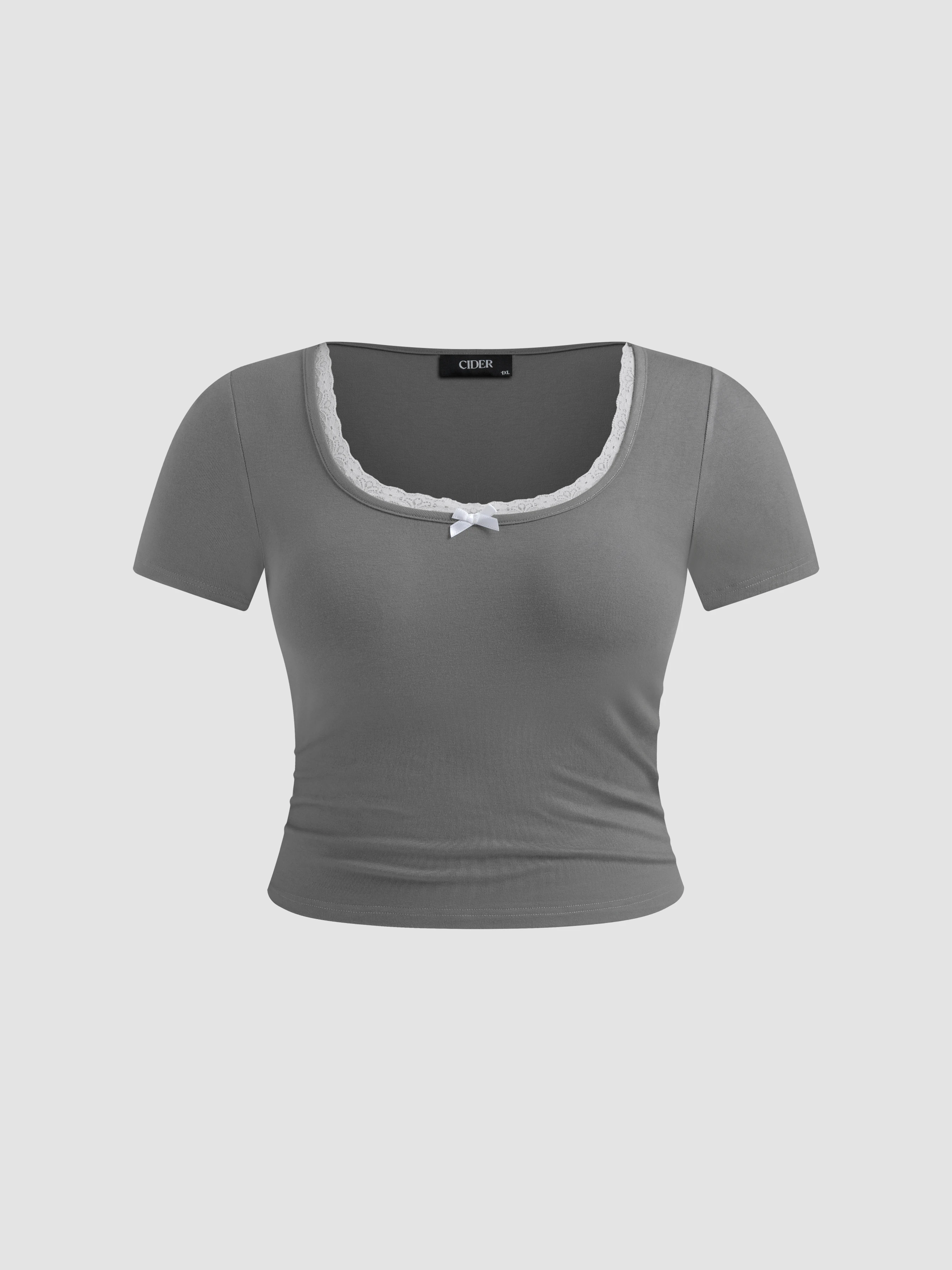 Bowknot Lace Trim Short Sleeve Tee Curve & Plus