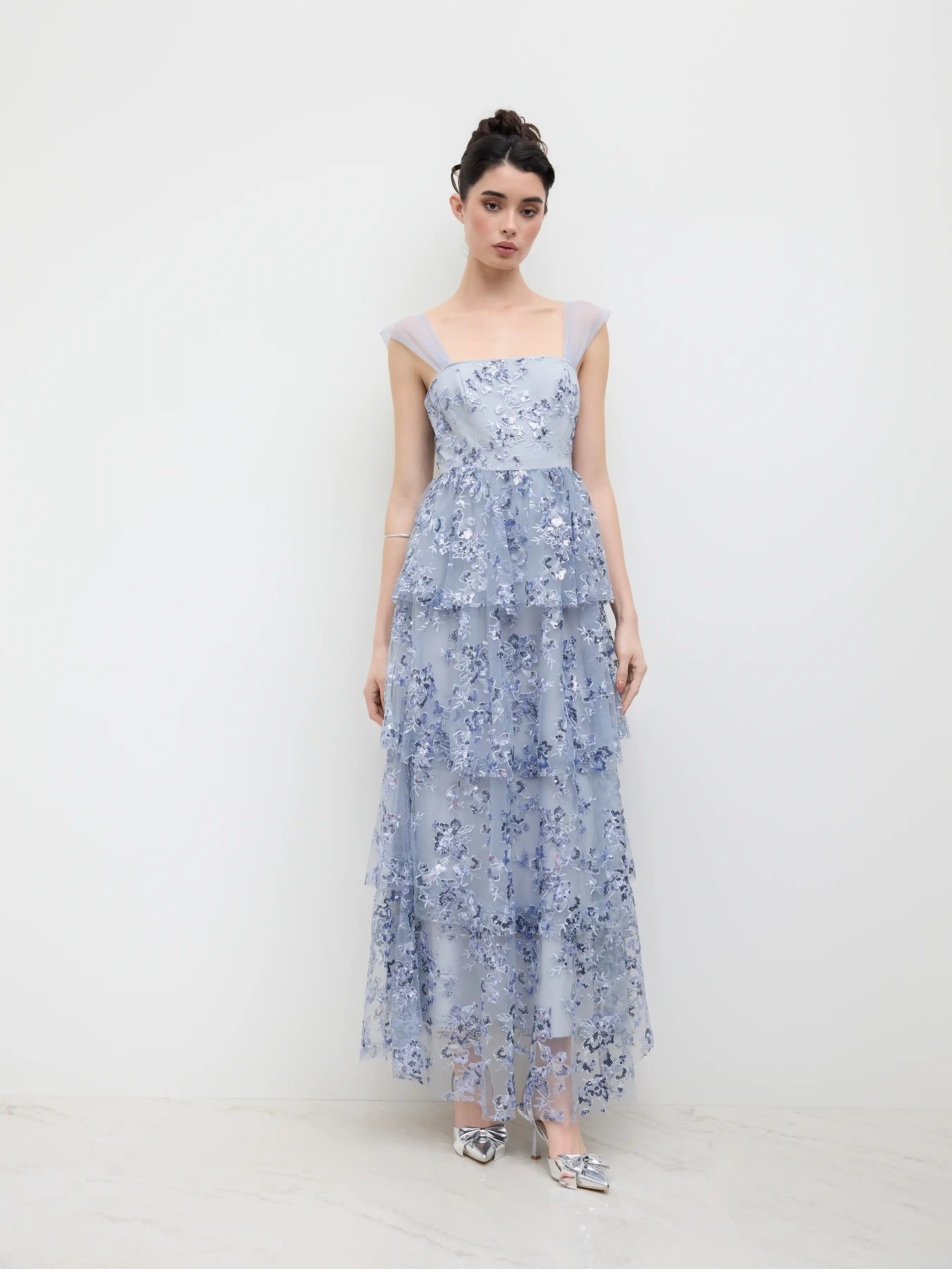 Mesh Square Neck Floral Sequin Tulle Layered Maxi Dress