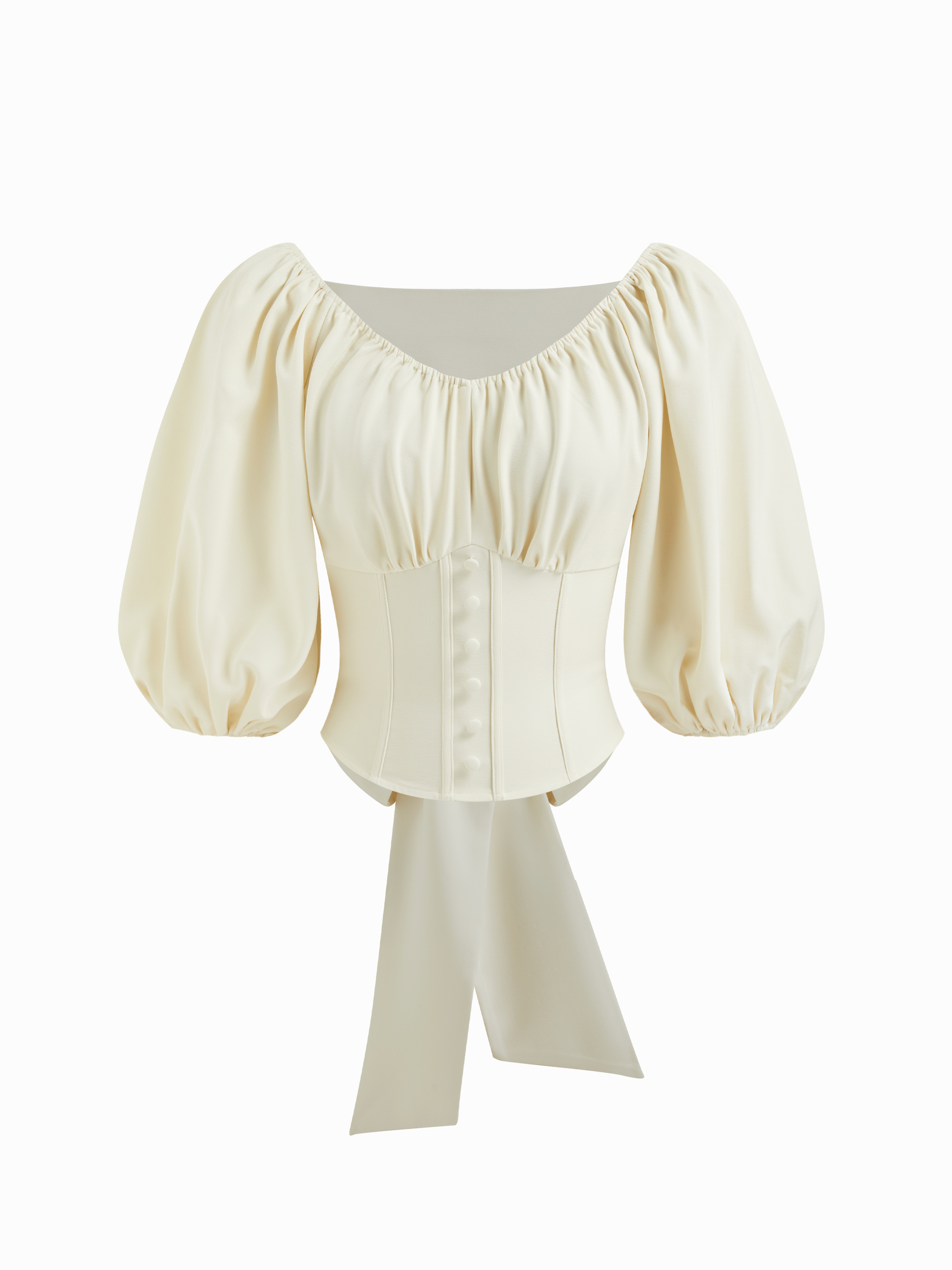 Round Neckline Ruched Knotted Corset Puff Sleeve Blouse
