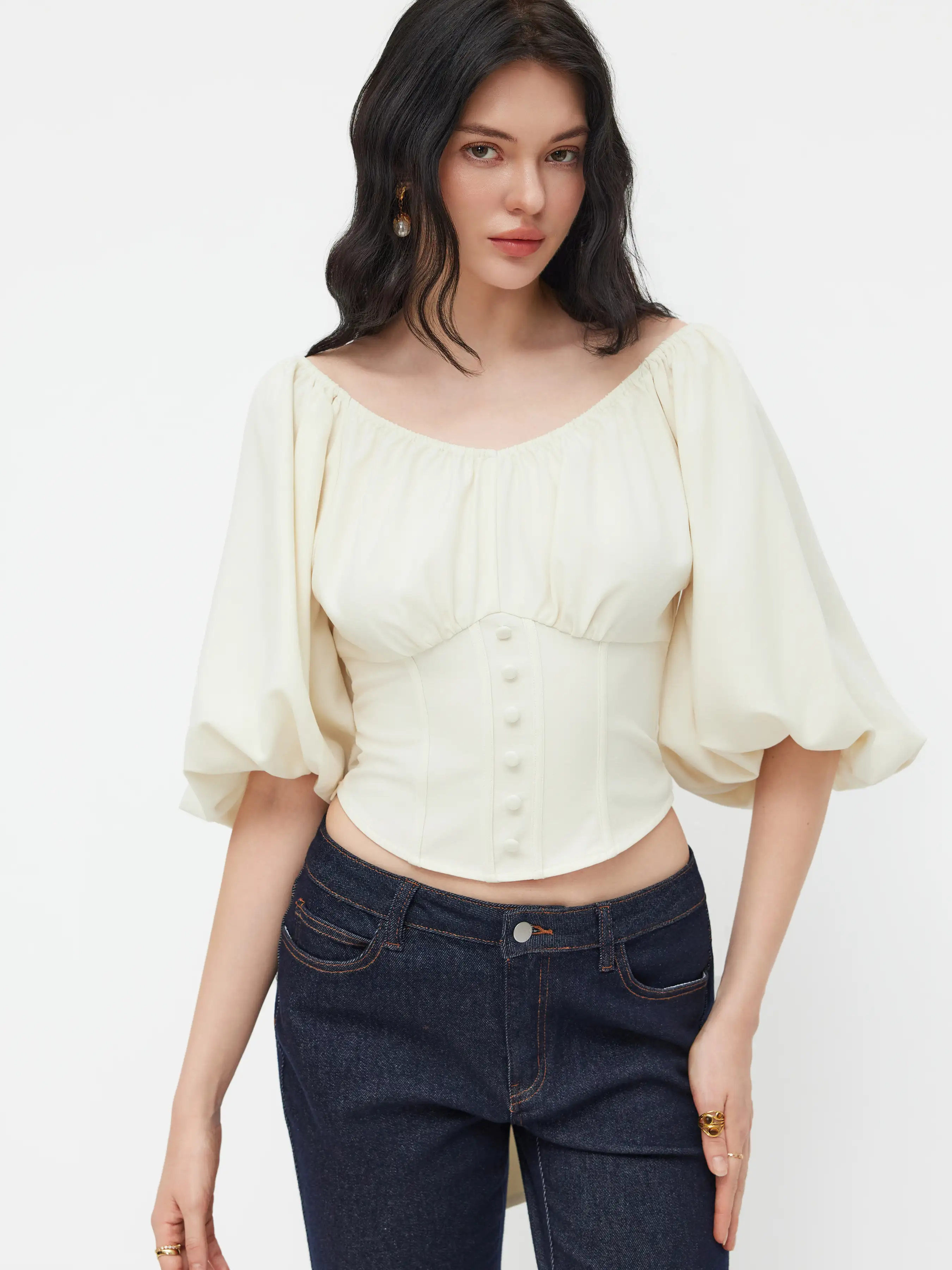 Round Neckline Ruched Knotted Corset Puff Sleeve Blouse