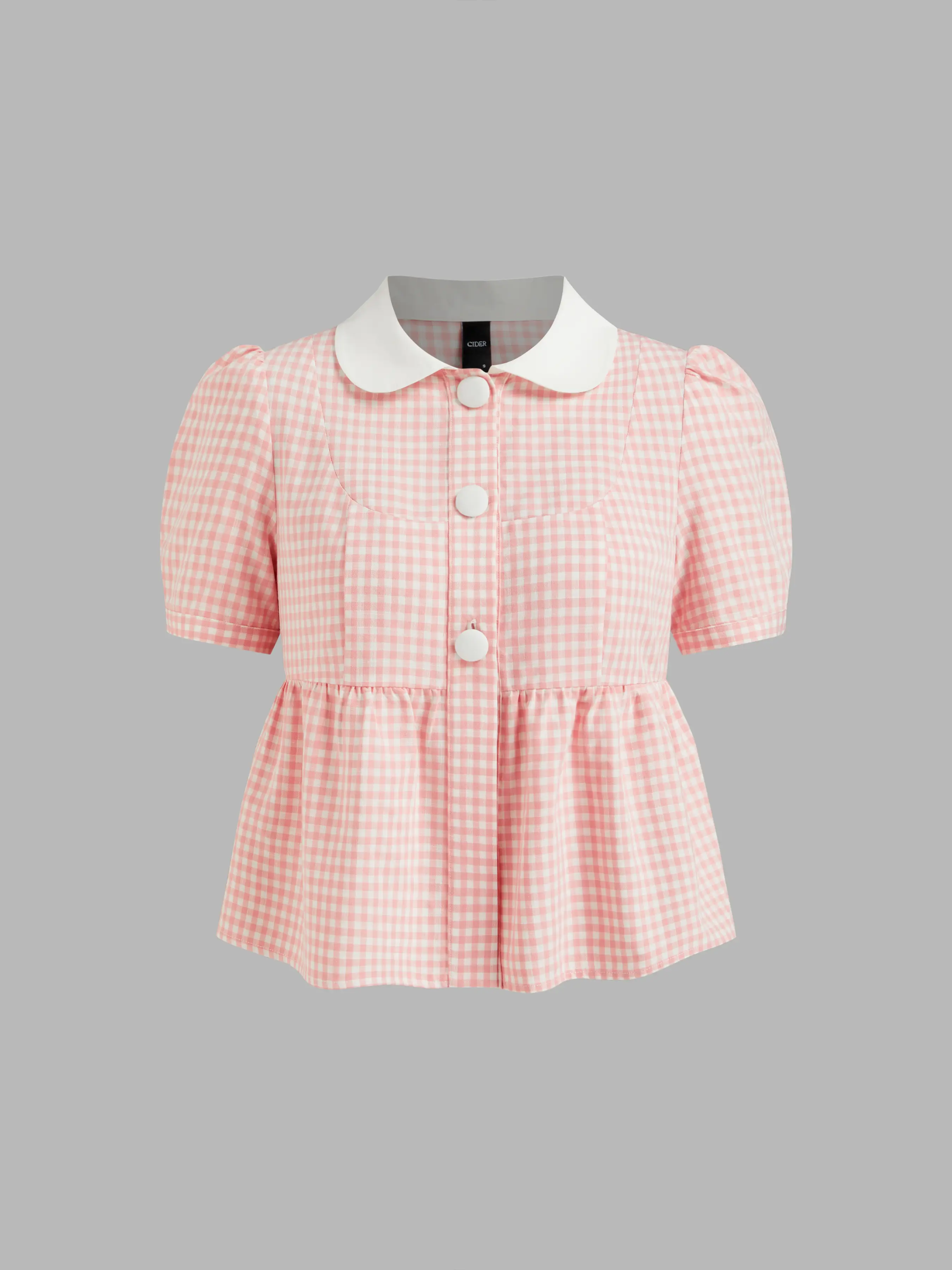 Cotton-blend Peter Pan Collar Gingham Ruffle Puff Sleeve Blouse