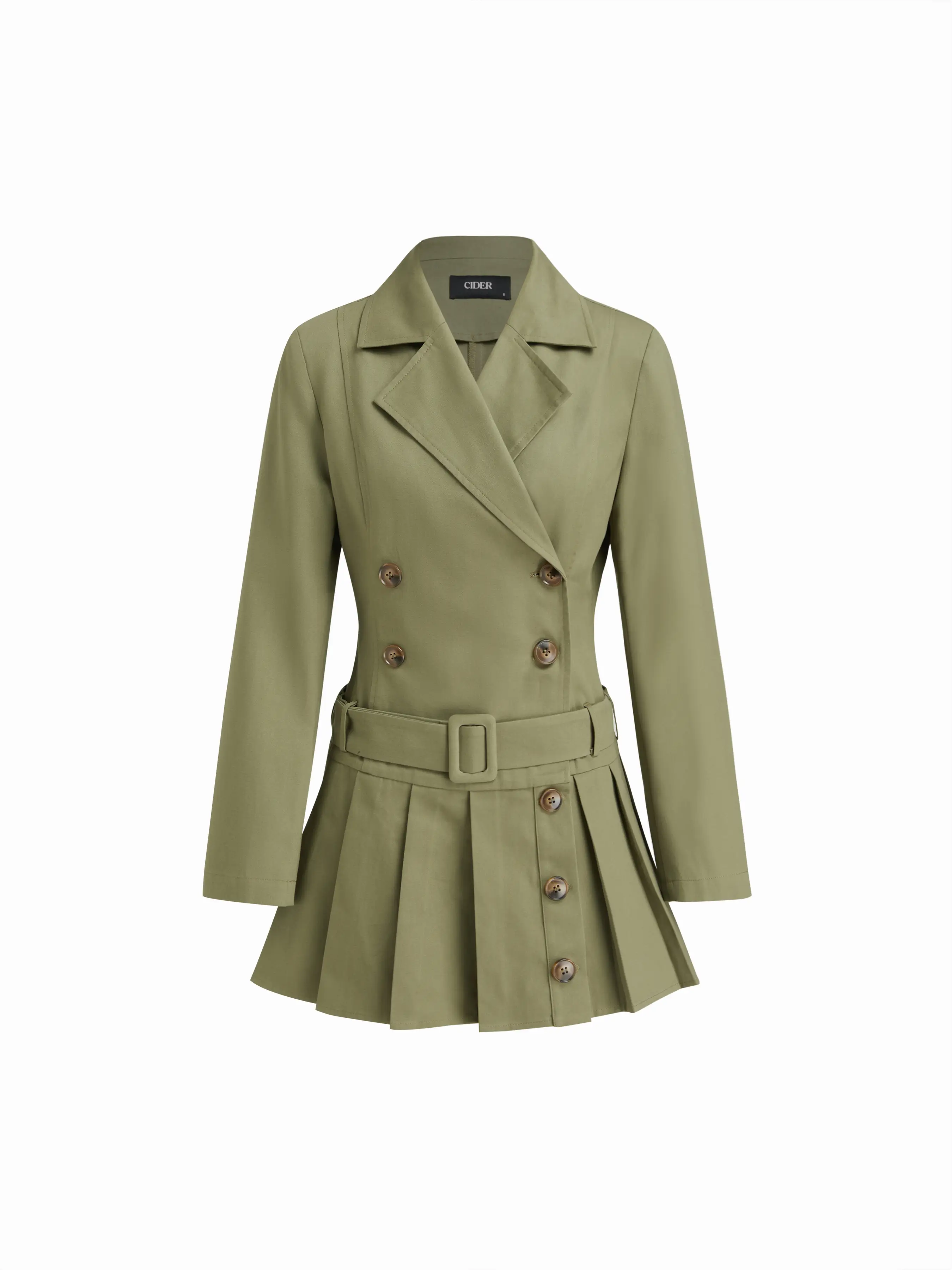 Cotton Collar Pleated Belted Long Sleeve Blazer Mini Dress