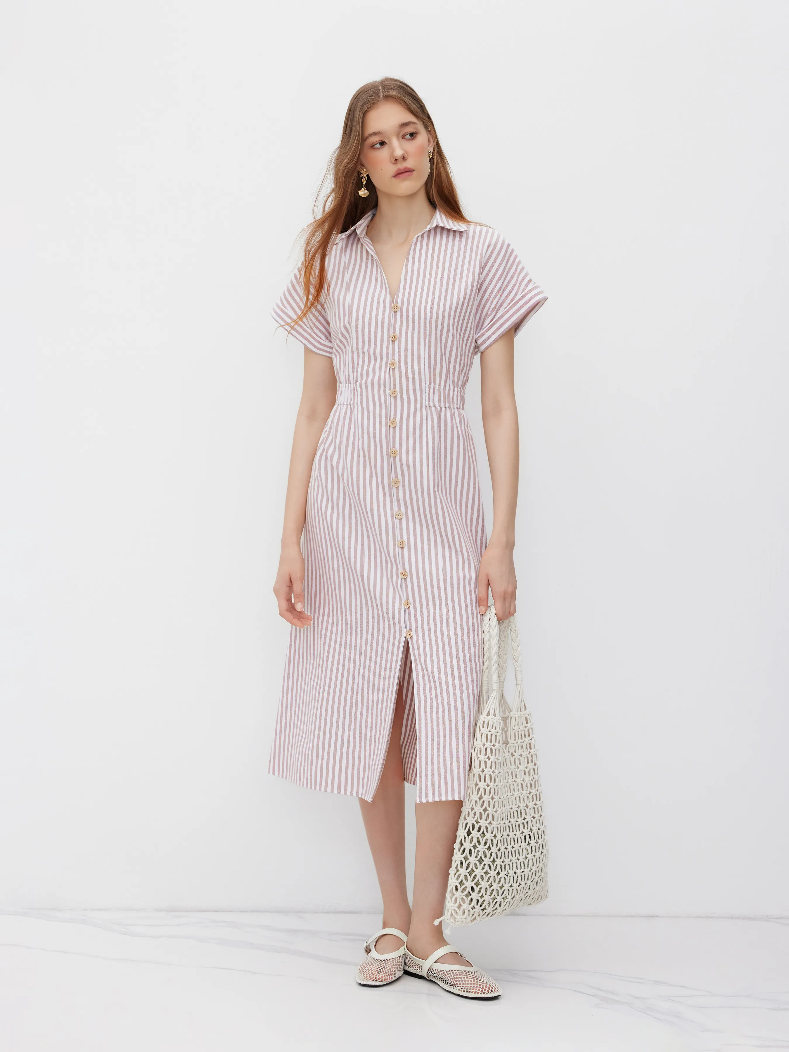 Cotton-blend V-neck Stripe Button Through Elastic Waist Shirt Midi Dress